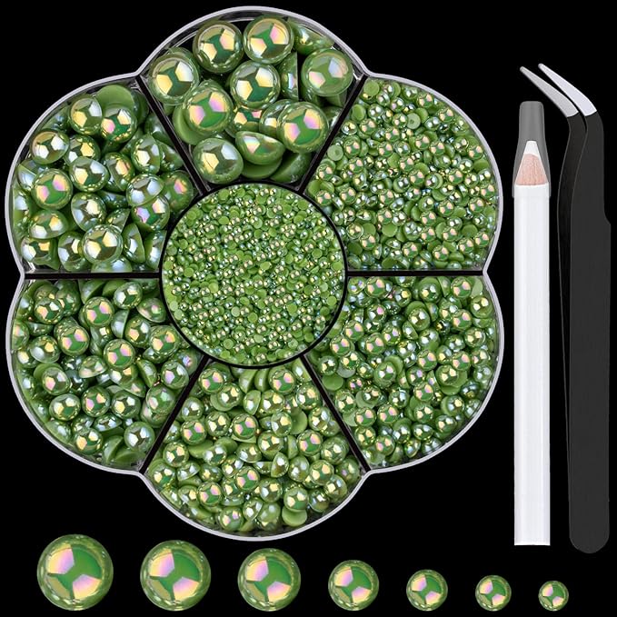 Nail Art Flat Back Half Round Pearl Kits 36, 1 Box of 6000 Pcs Flat-Back Green AB with Tweezer and Picker Pencil for Home DIY Nails Body Face Craft and Salon Use