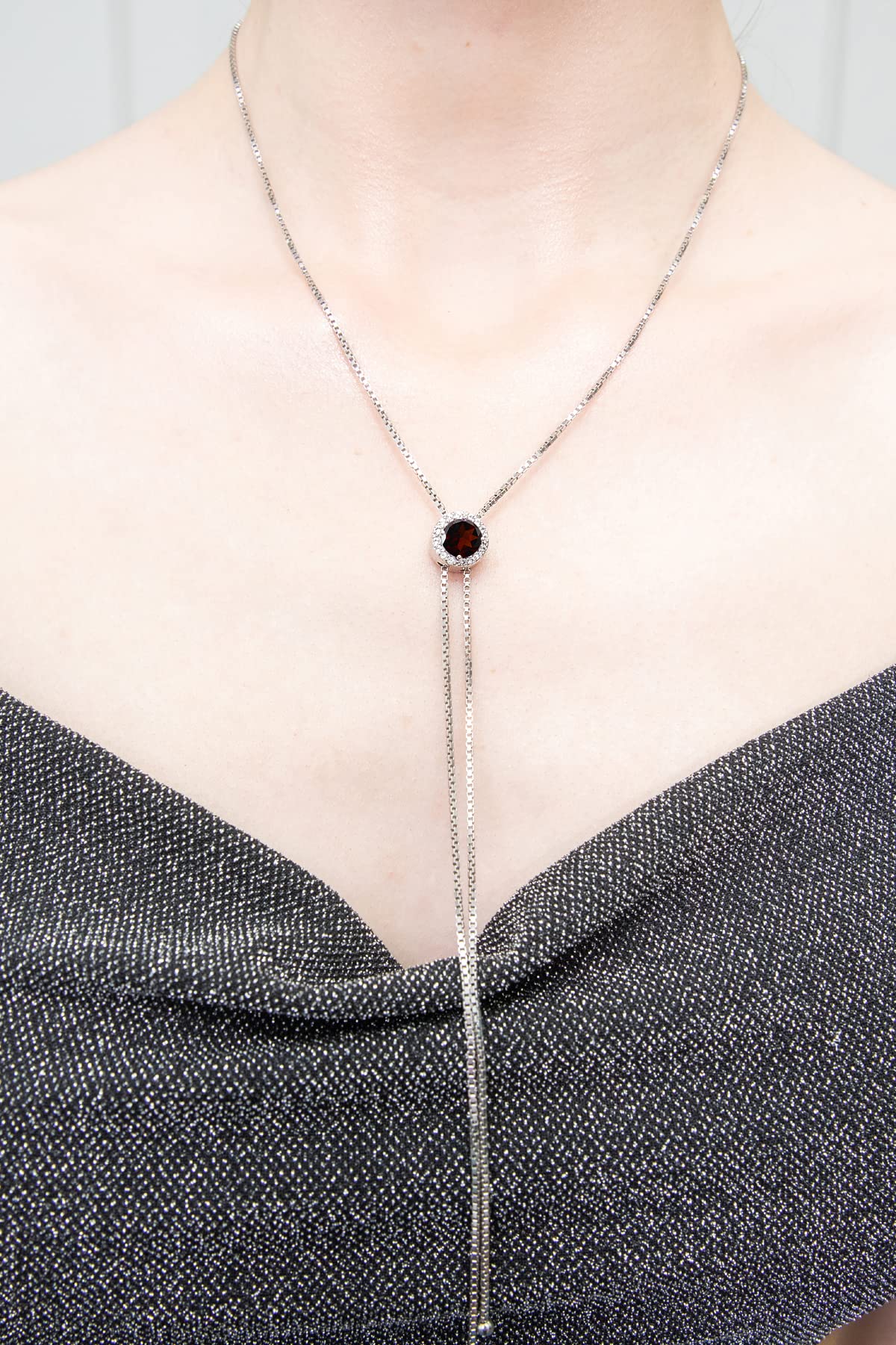 GemStar USA Sterling Silver Garnet and White Topaz Round Halo Drop Adjustable Lariat Necklace