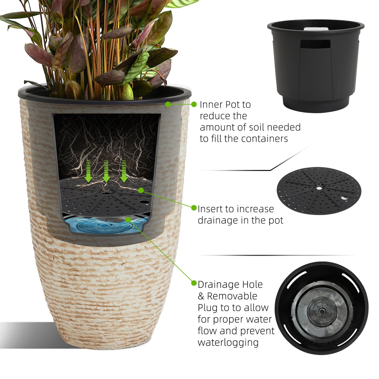 Worth Garden 21" H Beige Tall Planters set of 2 with Inside Pots - 14'' Dia Plastic Large Round Plant Tree Pots with Drain Hole - Decorative Imitation Stone Finish for Indoor Outdoor Front Porch Patio