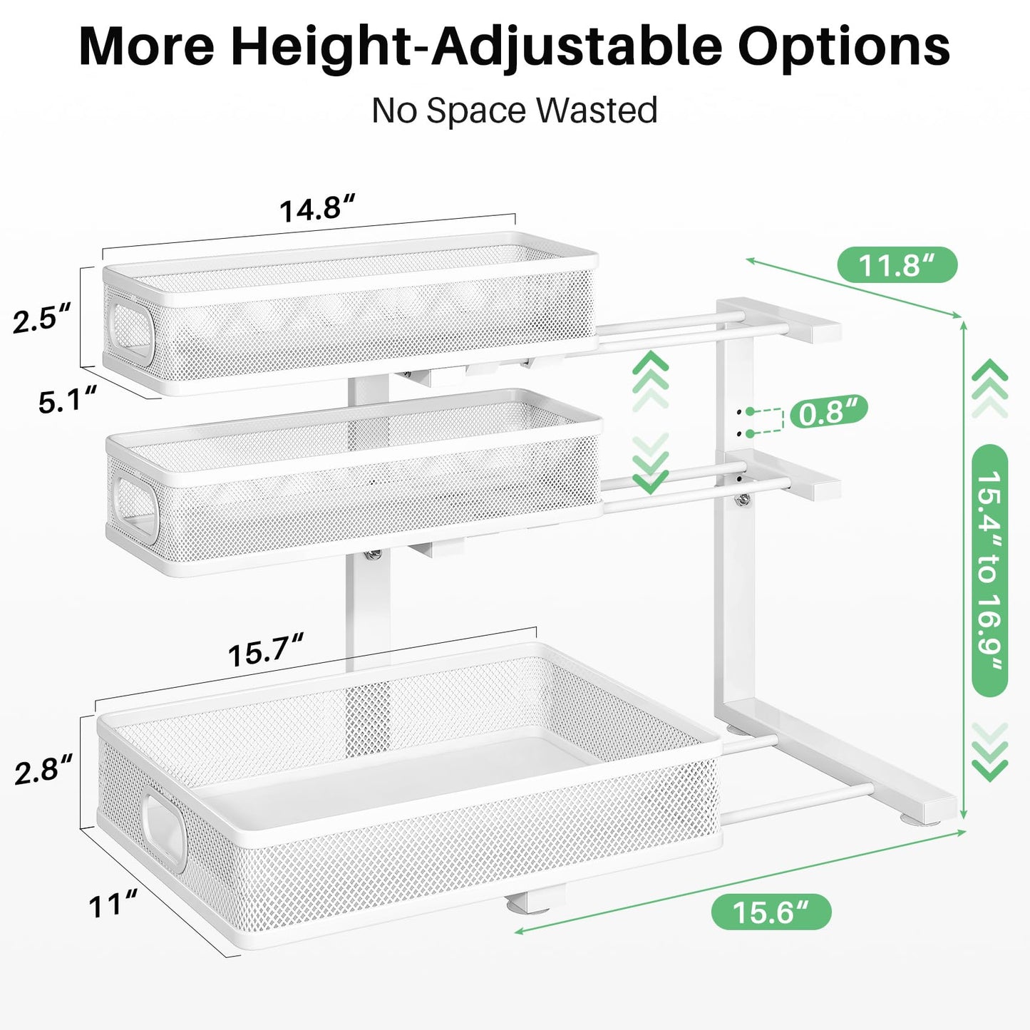 Kitstorack Under Sink Organizer, 2-Pack 3-Tier Height Adjustable Thickened Metal Pull out Cabinet Organizer Shelf, Slide out Storage Drawer Rack for Bathroom Kitchen Pantry Home Laundry Organization