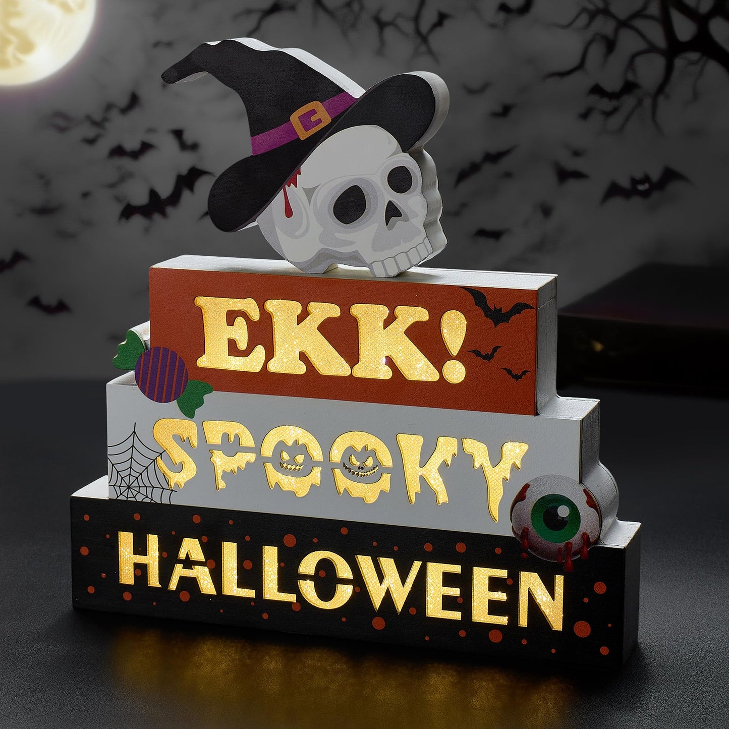 BlcTec Halloween Decorations Indoor 9.4" 4-Tier Wooden Block Set with Glowing 3D Letters, Skull Topper, Battery Operated Spooky Halloween Décor Built-in Timer for Home, Mantle, Shelf, Table Decor