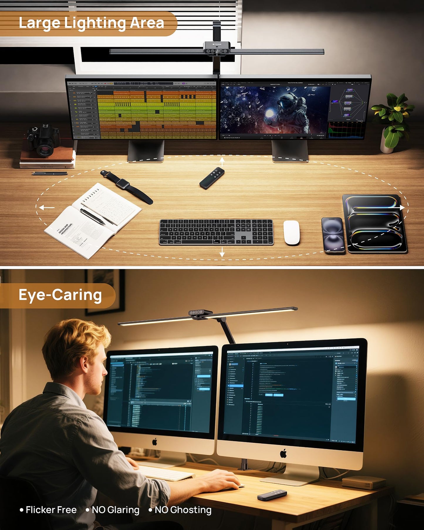 TROND LED Desk Lamp with Clamp, 29.55'' Tall Desk Light with Remote, 1500LM Bright Table Lamp, Swing Arm Clip on Light, Eye-Caring, Touch Control Dimmable for Home Office Monitor Reading Study Task