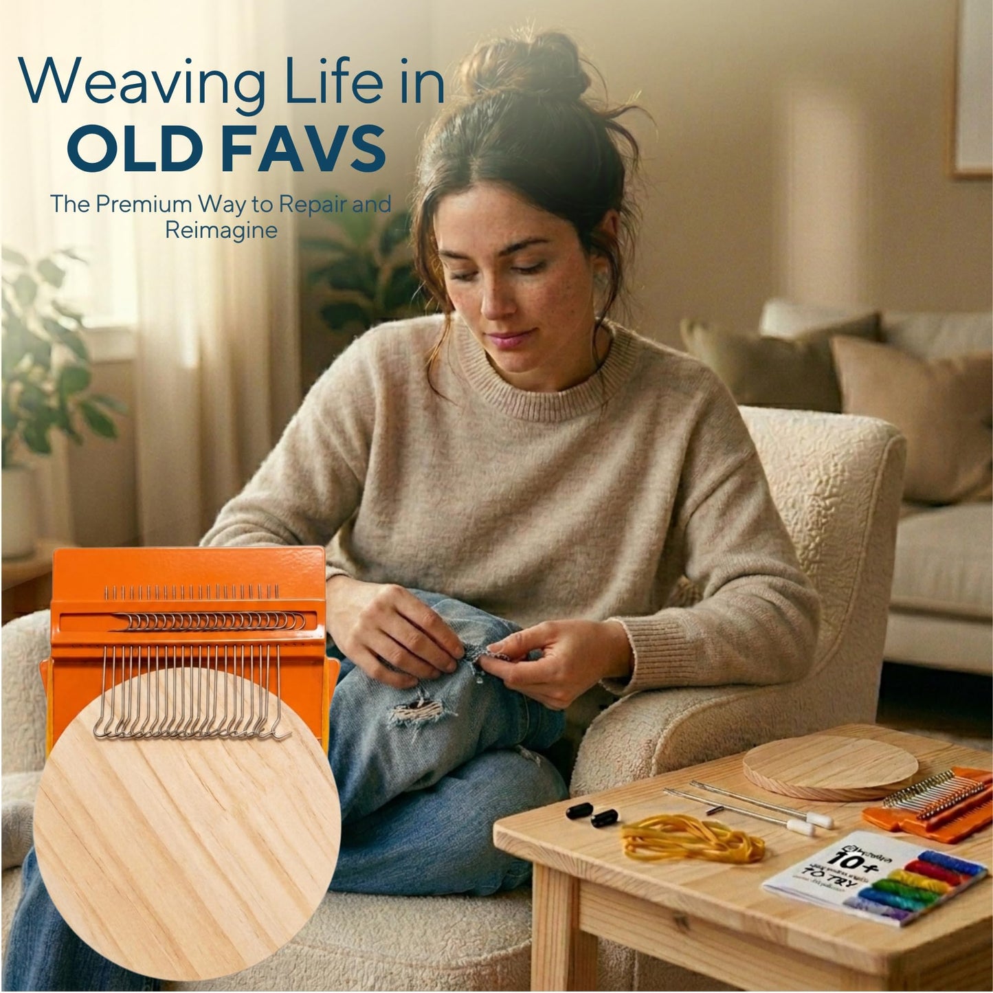Funalya Darning Loom 21 Hooks Speedweve Mending Loom Kit for Visible Mending 2 Needles & 10+ Pattern Guide– Mini Patch Loom for Jeans Socks Repairs, Speed Weave Patchmaker Loom Small Darner Tool