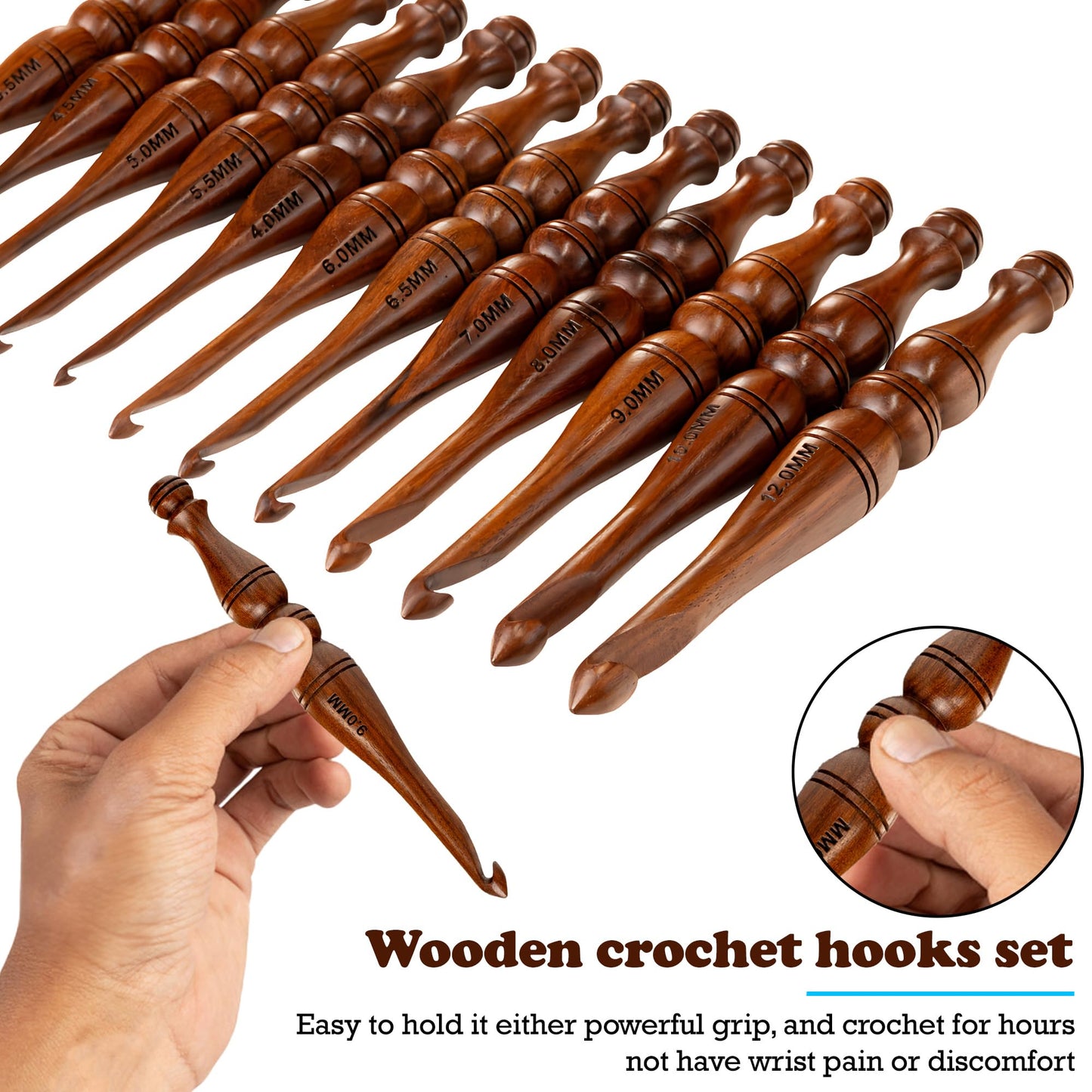 Bhartiya Handicrafts Wooden Crochet Hooks Set, 12pcs Ergonomic Knitting Needles - Rosewood, 3.5mm(E) to 12mm(P) - Includes Holder
