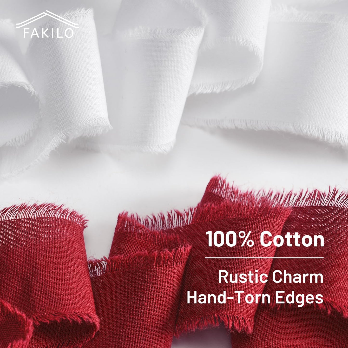 Natural Rustic Cotton Ribbon with Frayed Edge,100% Cotton Ribbon 1.5" x 18yds for Gift Wrapping,Christmas Decorations,DIY Crafts,Wreath Bow Making and Hair Accessories(Wine Red,Dark Green,White
