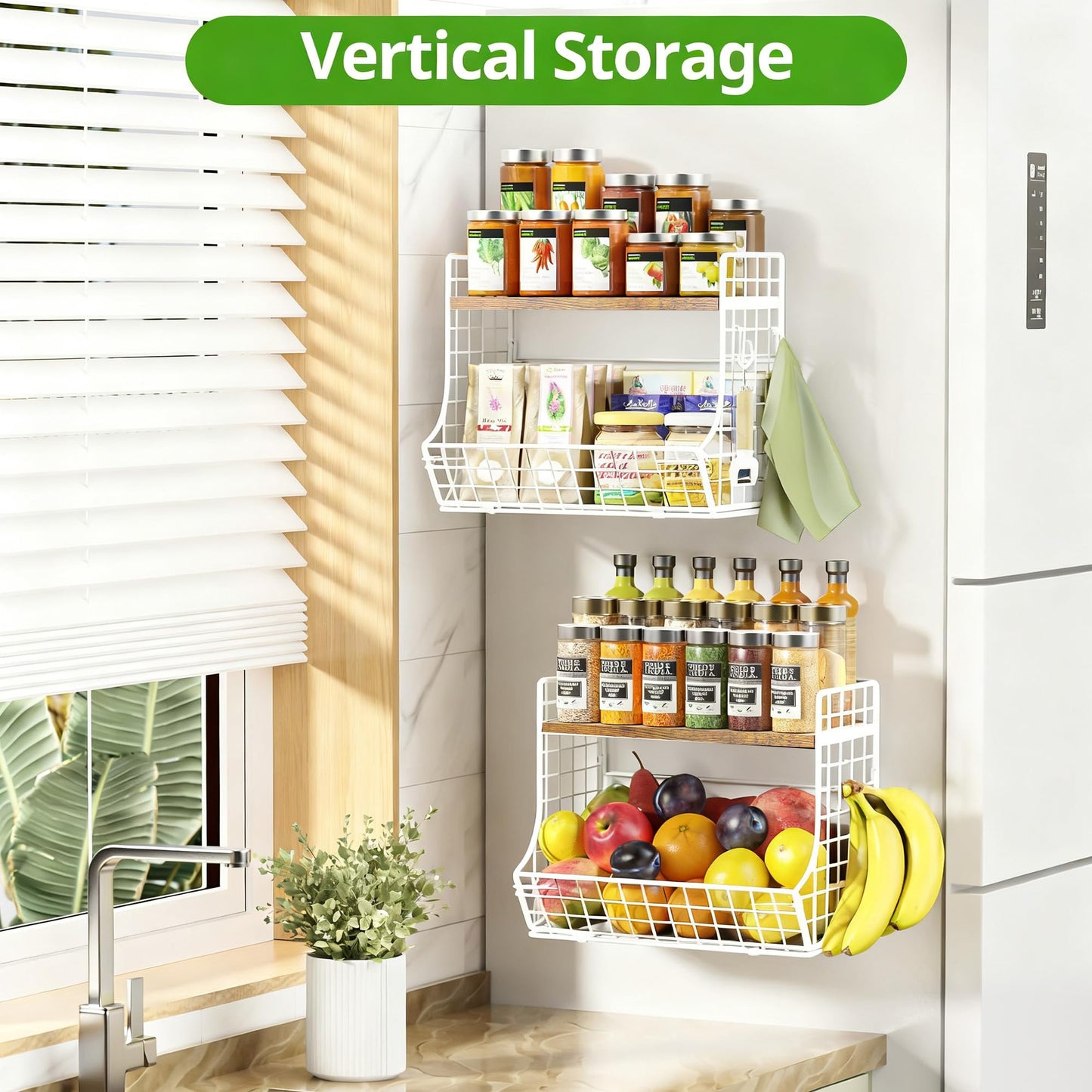 Magnetic Shelf for Fridge with Wood Lid, Fruit Potato and Onion Storage Bins, Pantry Organizers and Storage, Strong Magnetic Spice Rack for Refrigerator, Kitchen Counter and Laundry Room (X-Large)
