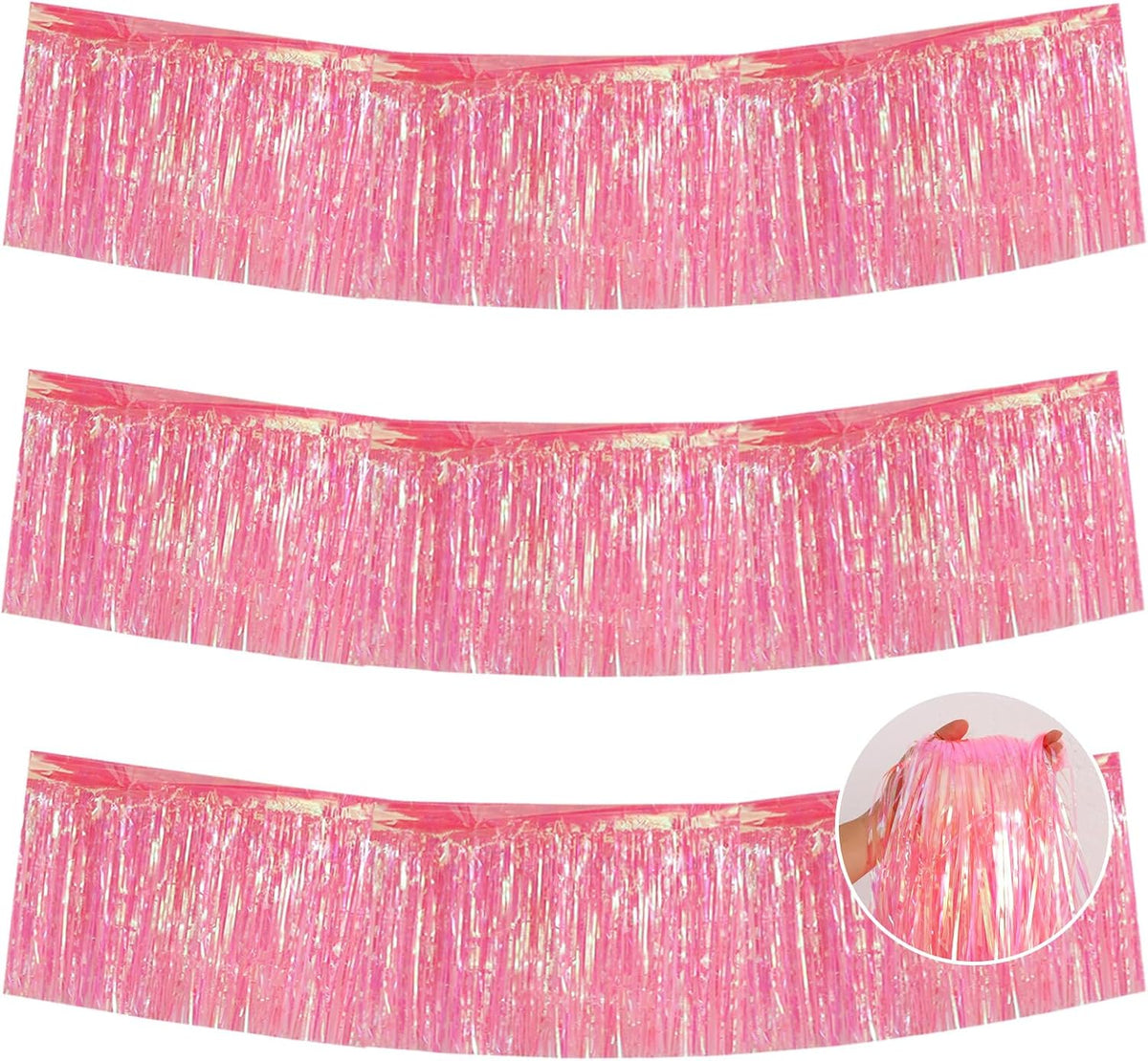 BEISHIDA 3 Packs Metallic Foil Fringe Garland Shining Pink Wall Hanging Tinsel Fringe Banners for Car Floats Bridal Shower Wedding Birthday Easter Graduation Holiday Party Decoration(30 Feet)