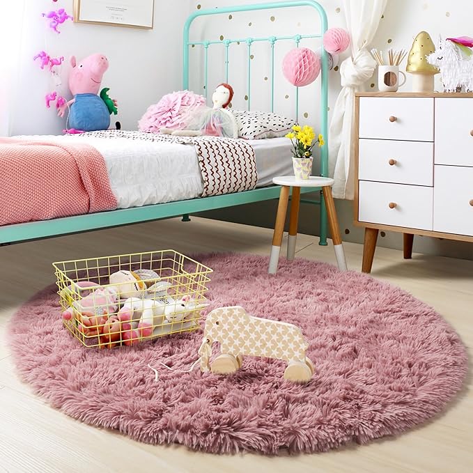 Blush Round Rug 6Ft for Bedroom, Fluffy Fuzzy Plush Circle Area Rugs for Baby Kids Room Decor Aesthetic, Shaggy Circular Carpet for Teen Girls Nursery Dorm Playroom, Cute Large Dusty Rose Mauve Rug