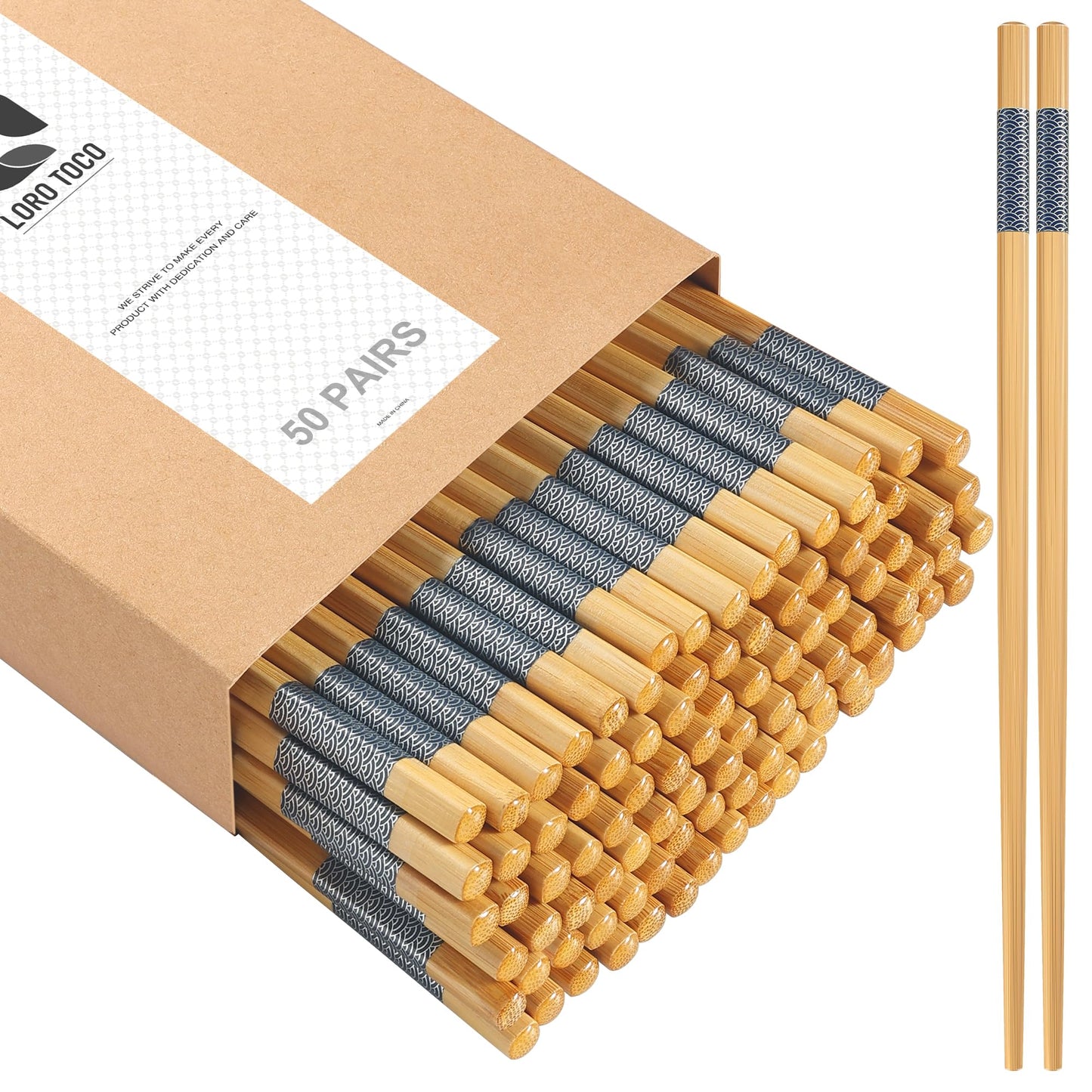 LOROTOCO 50 Pairs Bamboo Chopsticks Disposable | Separated | Reusable | Dishwasher Safe- （9.45in）