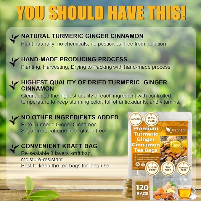 Premium Turmeric, Ginger, Cinnamon Blend Tea Bags, 100% Natural & No Additives & Caffeine Free. (1BOX)