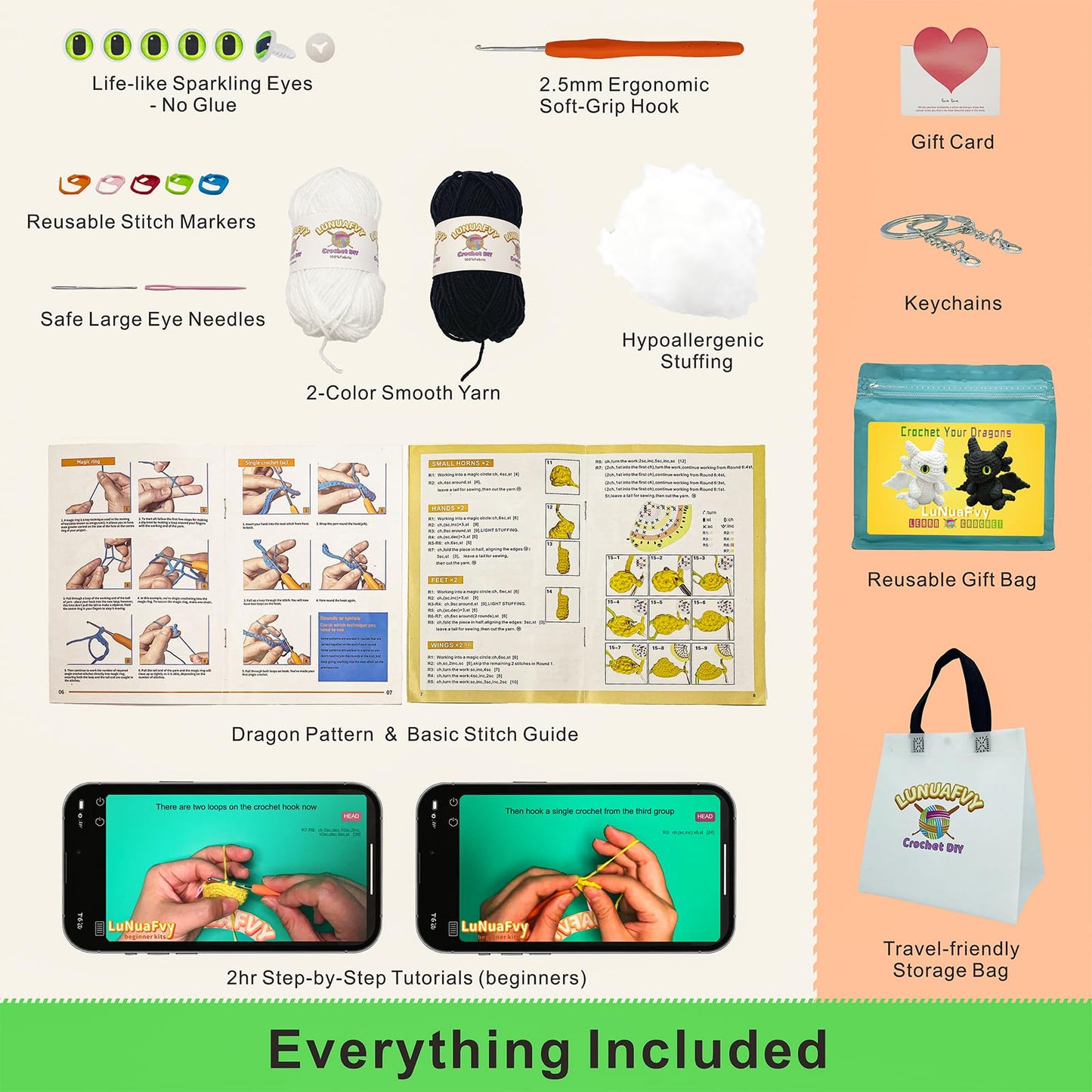 LuNuaFvy Crochet Kit for Beginners Kids & Adults - Complete Animal Starter Kit to DIY 2 Cute Amigurumi Dragons, Easy-Follow Book & Video Tutorial (4hr), Soft Yarn, 2 Bags(Gift & Storage)
