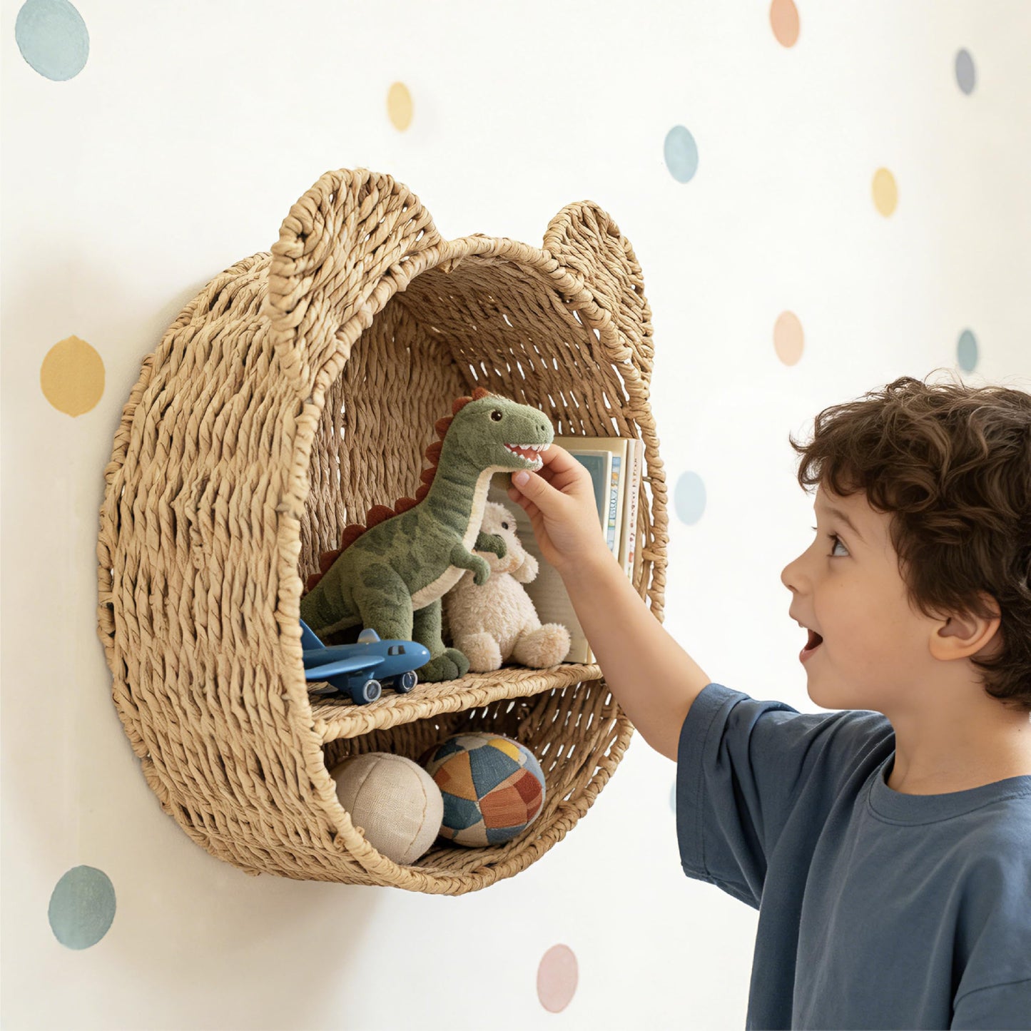 seicasaya Bear Shaped Floating Wall Shelf Handwoven Natural Paper Rope Nursery Decor for Kids Room (Natural)