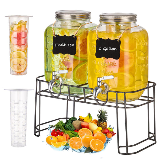 1 Gallon Glass Drink Dispensers for Parties, 2PACK Beverage Dispenser with Stand, Fruit Infuser and Stainless Steel Spigot 100% Leakproof, Beverage Dispenser for Lemonade Sun Tea