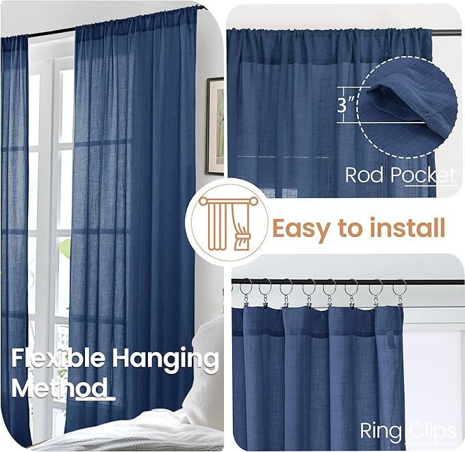 BGment Navy Blue Small Linen Curtains 36 Inch Length for Kitchen Window, Semi Sheer Drapes Lightweight for Bathroom Cafe Decor with Rod Pocket, 2 Panels Set, 30 Inch Wide
