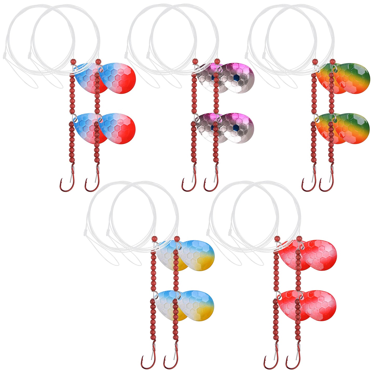 Walleye Harness Spinner Rig, 5 Packs Walleye Rig Fishing Making Kit Colorado Blades Mono Leader Hooks Clevises Beads (Mixed-10Packs)