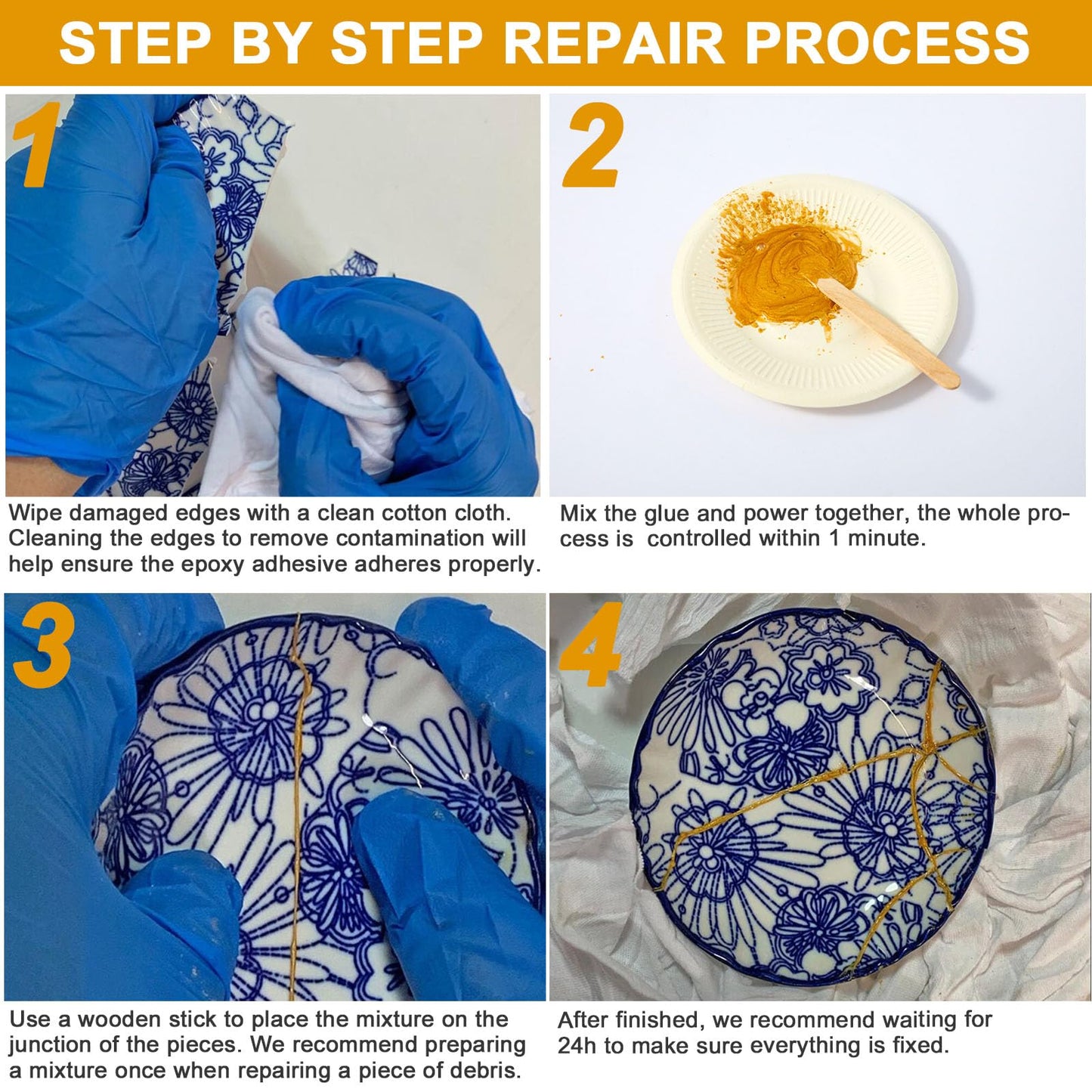 deuvuo Kintsugi Repair Kit Gold, 21 Pcs Authentic Kintsugi Repair Kit to Revive Your Broken Ceramic, Pottery, Mug, Bowl, Glass Keepsakes with Ease - Japanese Art DIY Set Bio for Beginners