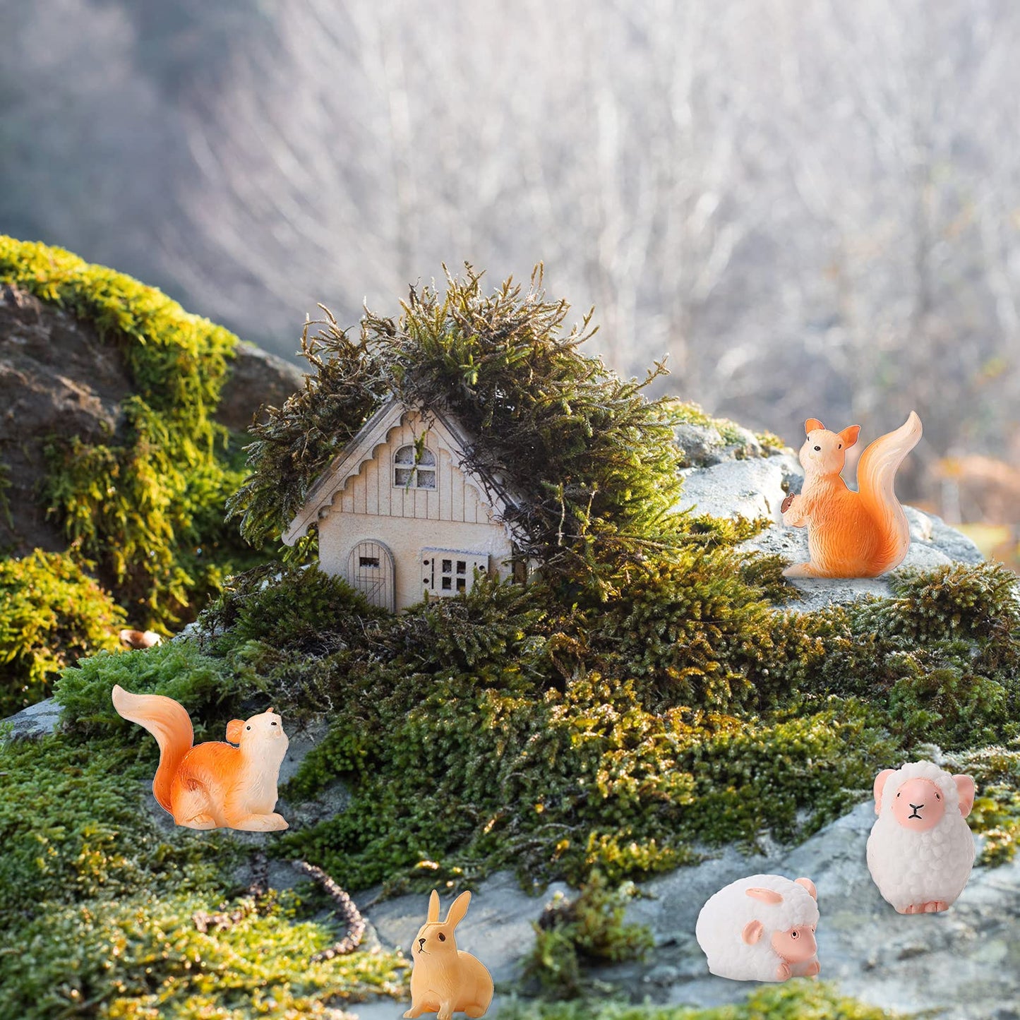 Skylety 12 Pcs Miniature Fairy House Garden Animals Fairy House Figurines Kit Mini Forest Animals Figures Tiny Resin Garden Accessories for Kids Craft Modeling Decor Micro Landscape