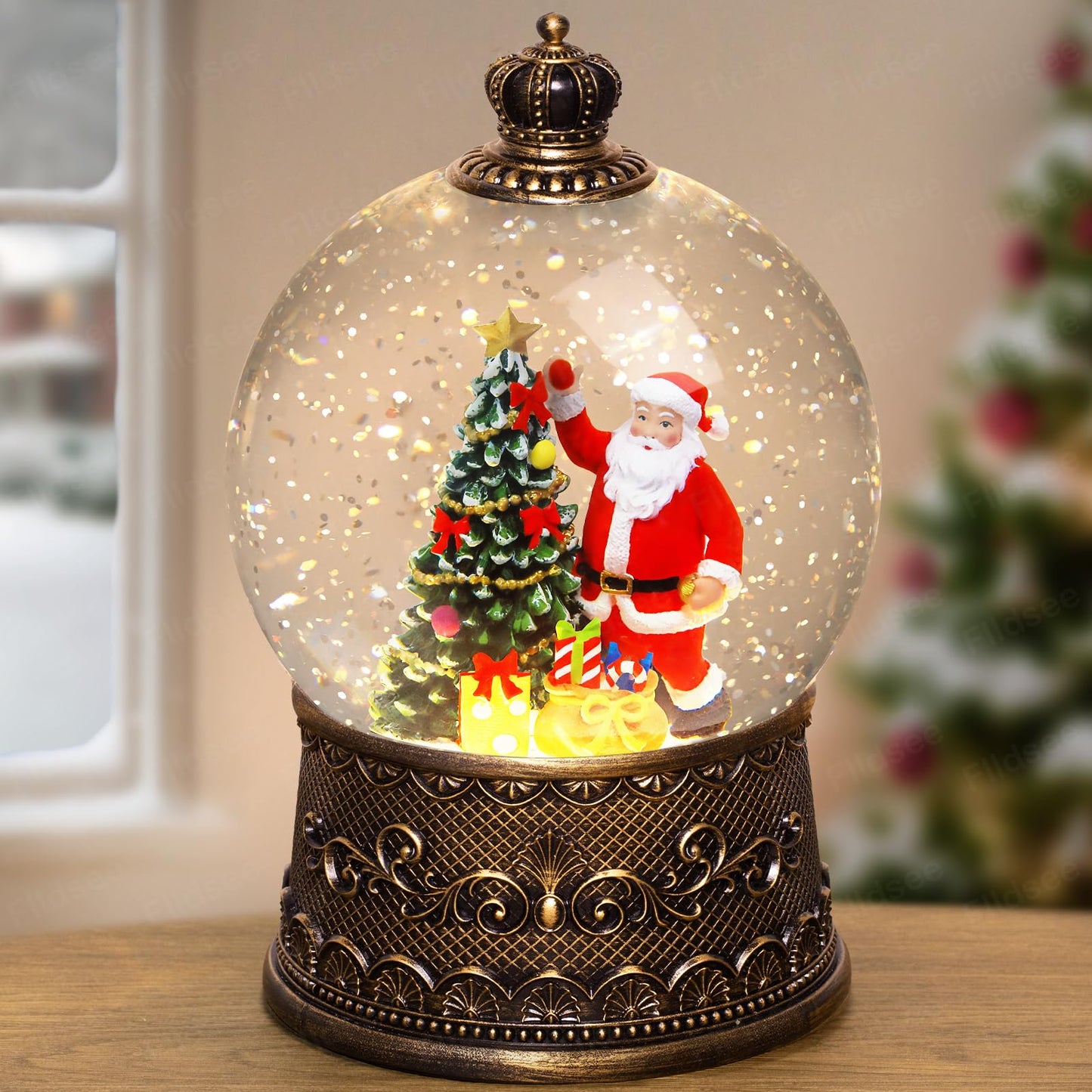Flldsee Christmas Snow Globe Lantern, Glitter Musical Snowglobe Light with Timer, USB & Battery Powered Music Box, Santa Claus Christmas Tree Gifts, Holiday Decorations Indoor Home Decor