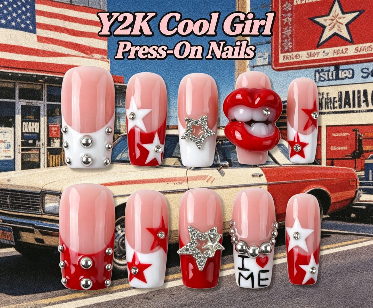 Handmade Press on Nails Square 3D Cute Glue on Nails for Women, Luxury Homemade Press on Nail Art Design, Fake Nails with 3D Nail Charms Size M 7