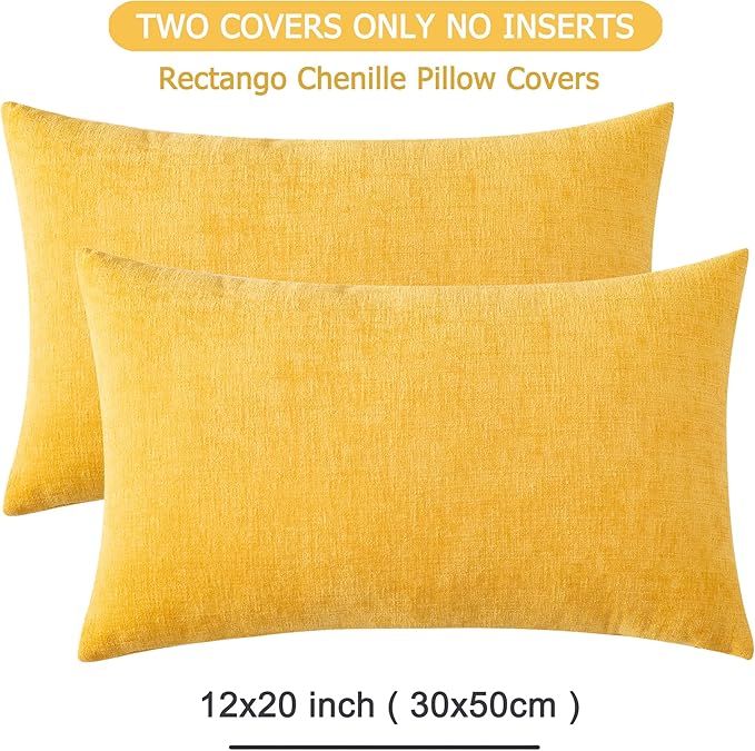 GAWAMAY Lumbar Pillow Cover Decorative Throw Pillow Covers 12"x20" Inch Set of 2, Super Soft Chenille Pillowcase for Living Room Bedroom Sofa Couch Cushion Cover Mustard Yellow 30x50cm (ONLY Covers)