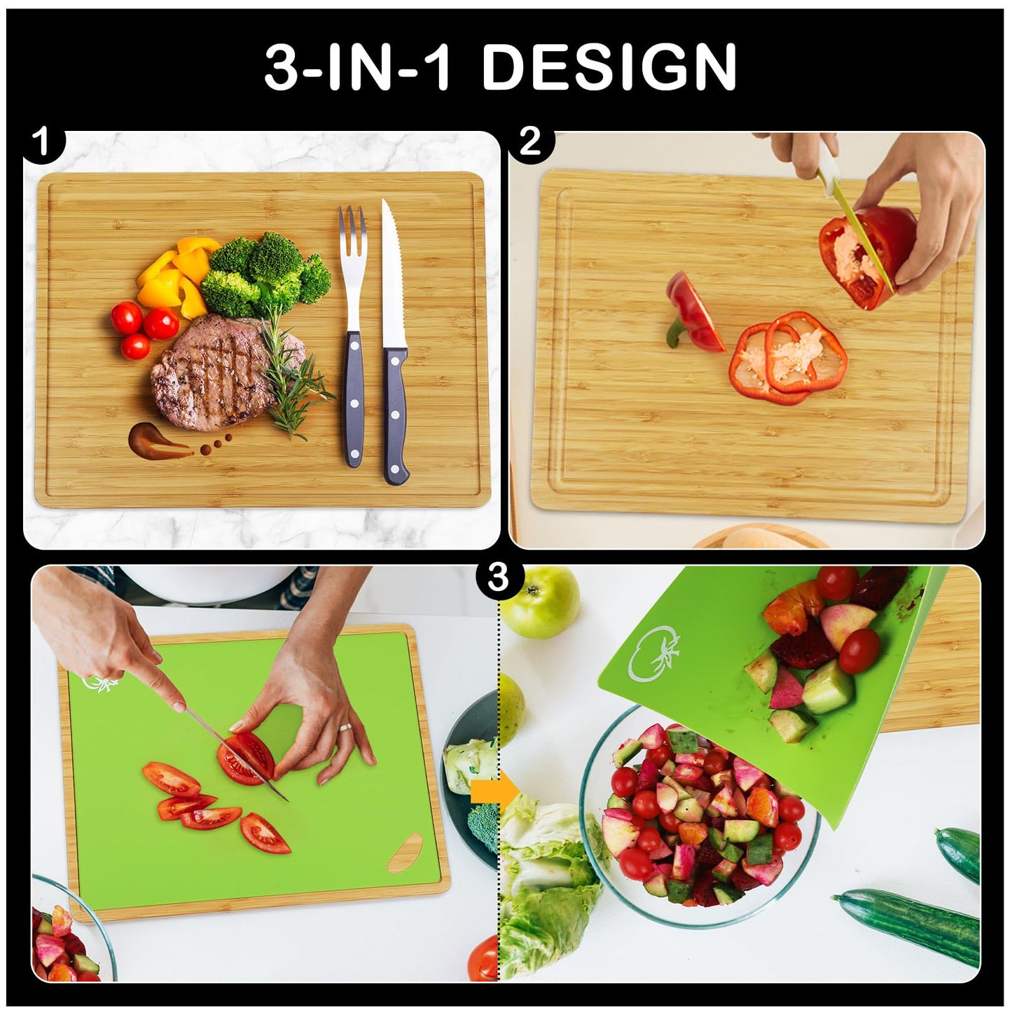 Bamboo Cutting Board Set with 6 Color-Coded Flexible Chopping Mats,BPA Free, Durable & Multi-Purpose for Kitchen Prep, Ideal Charcuterie & Chopping for Meat, Vegetables and Fruits Ideal Kitchen Gifts