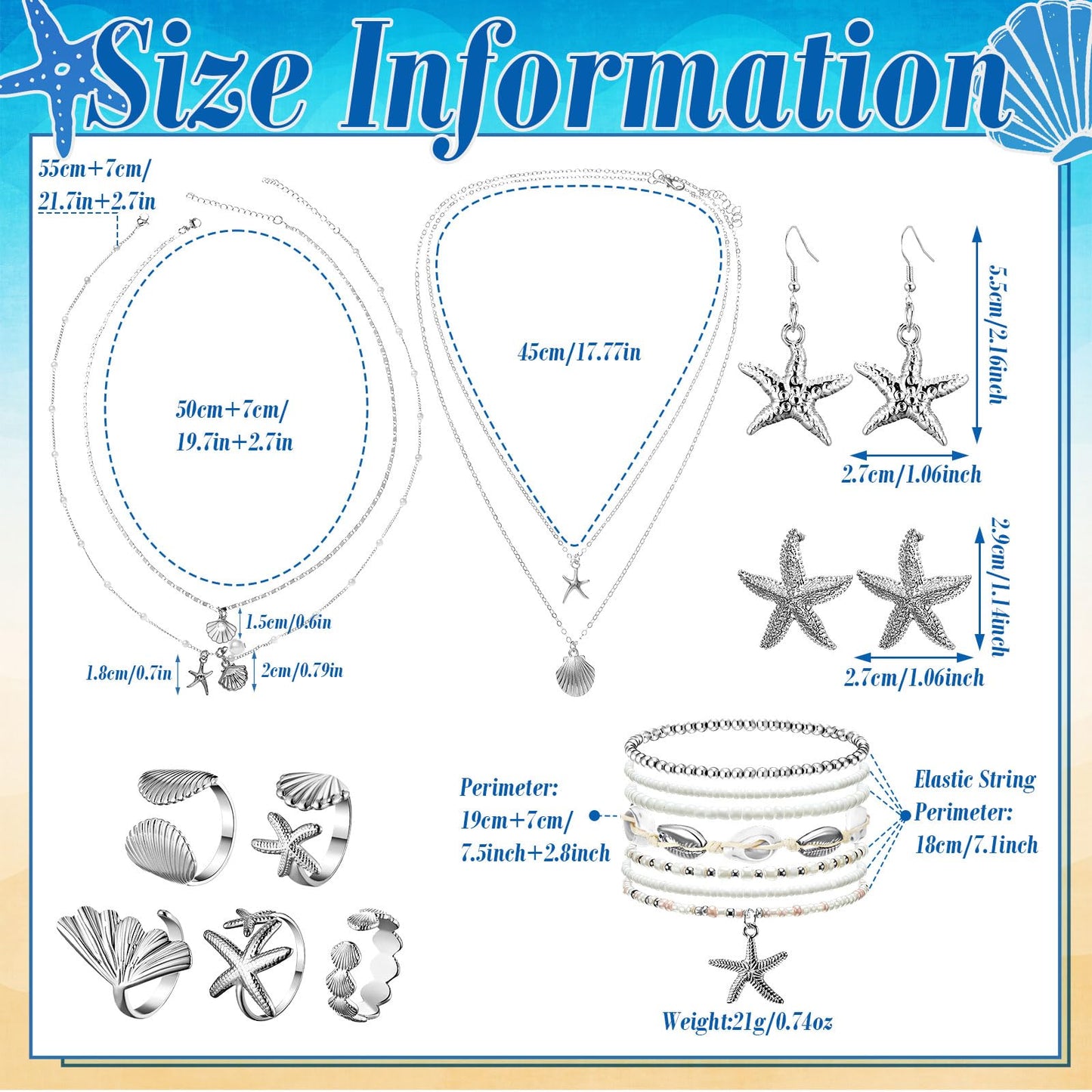 16 Pcs Seashell Starfish Jewelry Set for Women Seashell Earrings Rings Boho Layer Charm Necklace Summer Beach Bracelets Natural White Anklet for Summer Holiday Vacation Accessories(Silver,Beach)