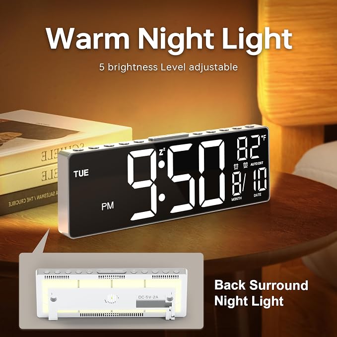 JALL 10.5'' Large Digital Alarm Clock with Big LED Number, Remote Control, RGB Colors,Timer, Dual Alarm, Temperature for Back to School Classroom, Bedroom, Living Room, Gift for Senior Student Teacher
