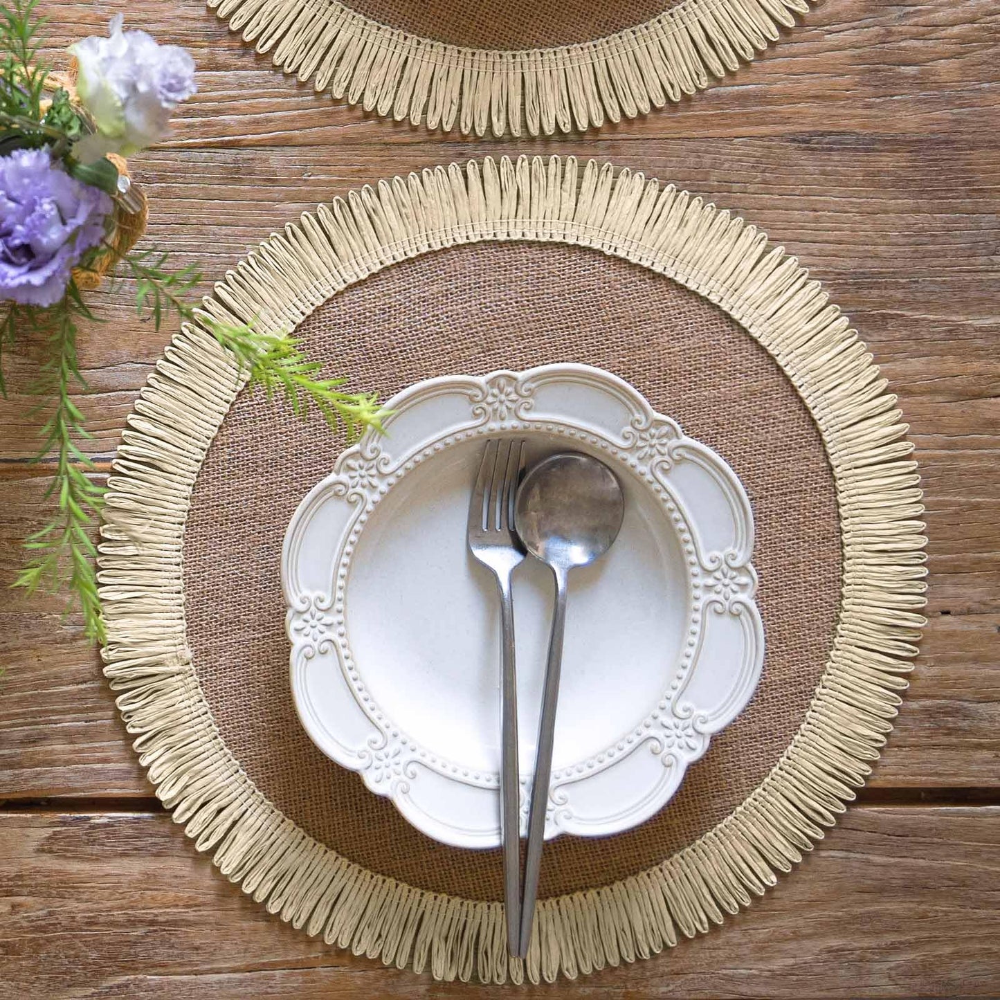 FunWheat 15 Inch Round Jute Placemats Set of 12, Braided Burlap Table Mats for Dining Table, Heat Resistant Farmhouse Woven Placemats for Fall Farmhouse Decor (Coarse-Edged Sunflower)