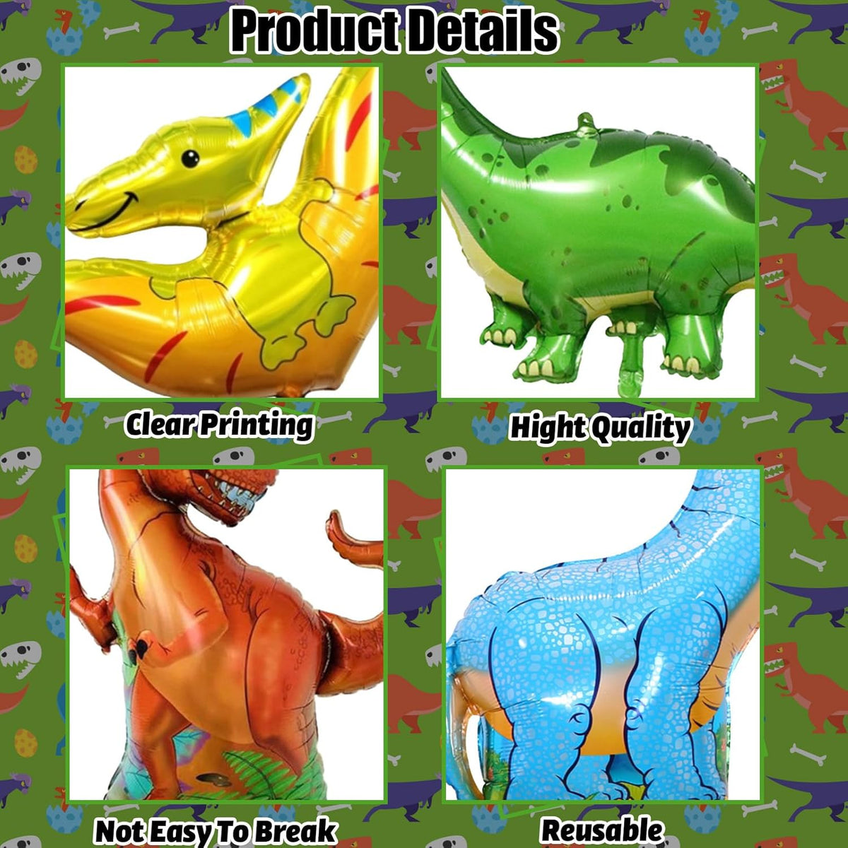 Dinosaur Foil Balloons Set (35-50 In), 6 Pieces Large Dinosaur Mylar Helium Balloons for Kids, Giant Cute Dino Birthday Party Decorations Kit for Boys Jungle Safari Theme Baby Shower Decor Supplies