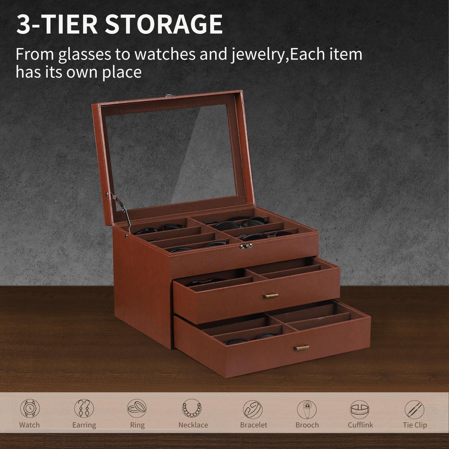AUTOARK Leather & Velvet Clear Lid 24 Piece Eyeglasses Storage and Sunglass Glasses Display Drawer Lockable Case Organizer,Coffee,MKAW045