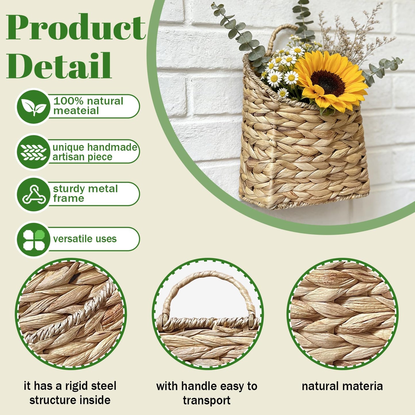 Boho Wall Hanging Basket, Water Hyacinth Woven Basket for Front Door, Flat Back Wall Mounted Entryway Organizer, Storage for Flowers, Plants, Farmhouse, Home Decor