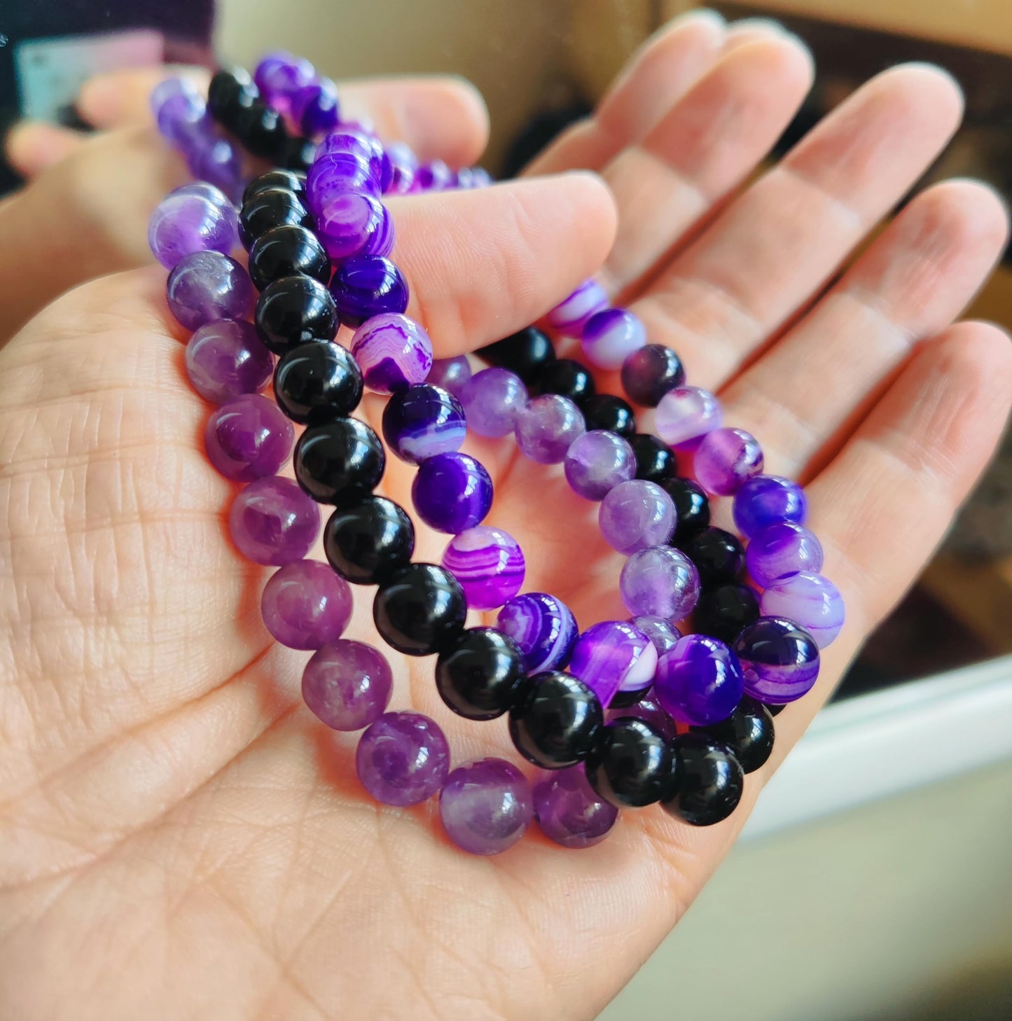 WFJ 3 Beaded Bracelets Set Amethyst Obsidian Agate Triple Protection Bracelet Natural Crystal Stone Purple Healing 8mm Bead