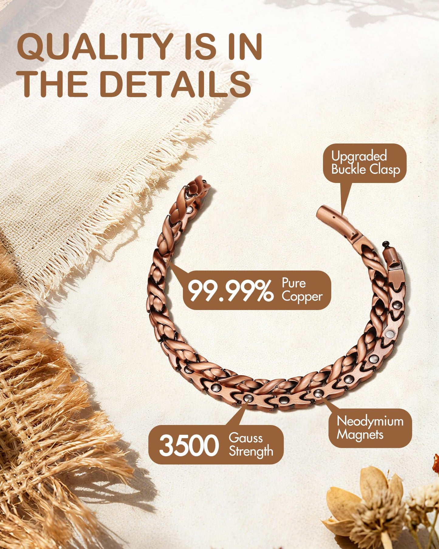 Feraco Copper Necklace for Men Women, 99.99% Pure Copper Magnetic Chains with 3500 Gauss Ultra Strength Neodymium Magnets, Adjustable Jewelry Gift (Fishtail)