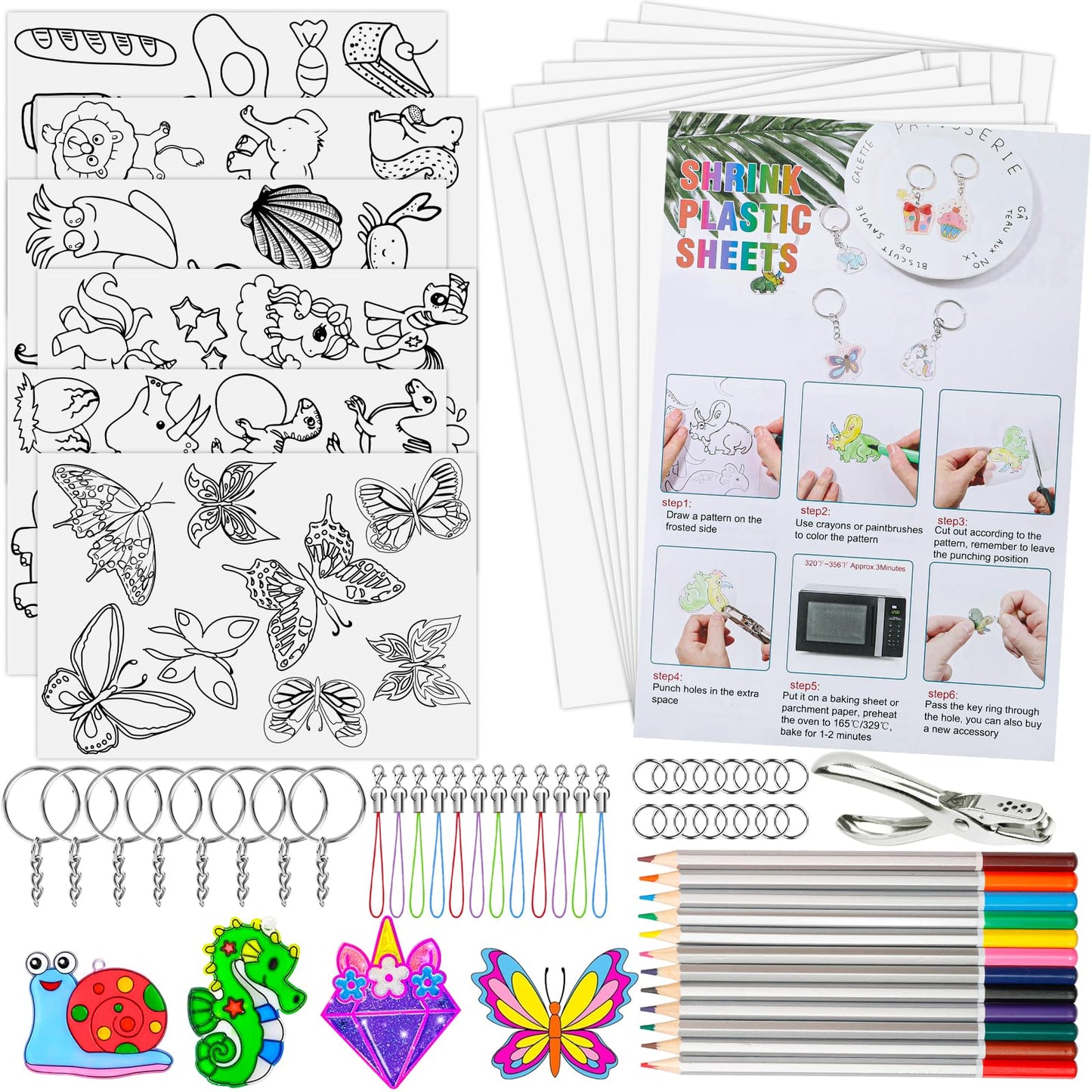 Natonhi 239Pcs Heat Shrink Plastic Sheets Keychain Kit, Including 40 Shrinky Art Paper,6 Traceable Picture, Hole Punch, Pencils, Keychains Accessories for Shrinky Dinks Creative Craft Marking