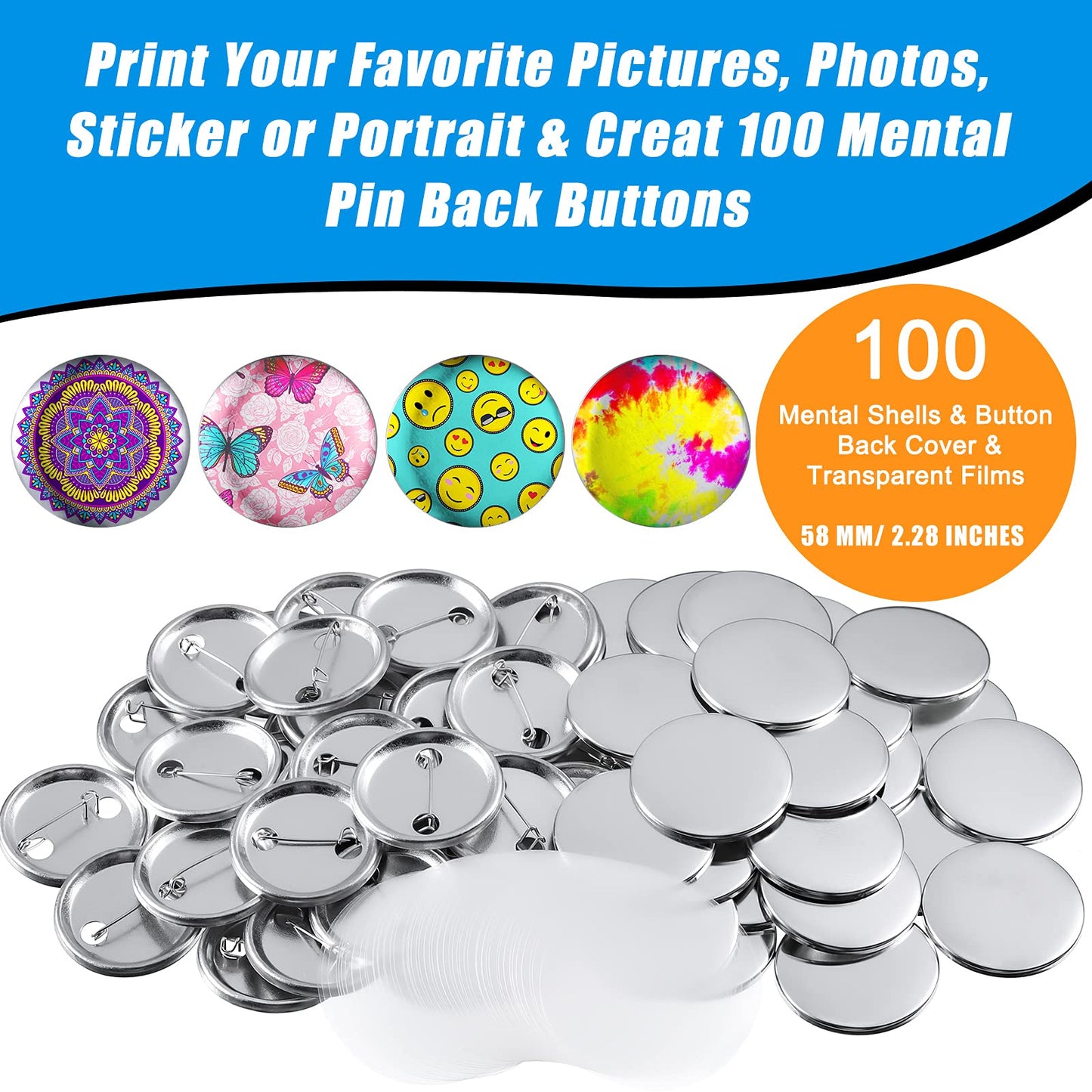 300 Pieces Blank Button Making Supplies Round Badge Parts Metal Pin Badge Kit for Button Maker Machine, Including Metal Shells Back Cover and Clear Film(2.28 Inch,Silver)