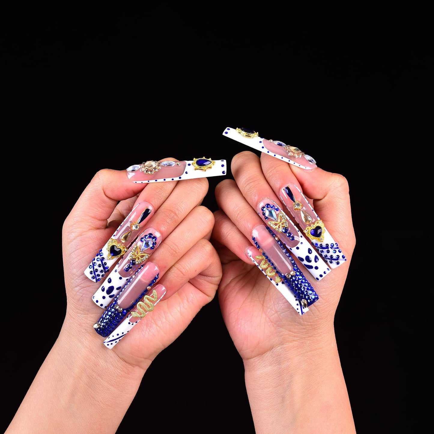 Tmani 10pc/set Extra Long Handmade Press On Nail Hot Girl's Long Ballet Square Nail Full of Diamond Glitter Decoration Fake Nails Suitable For Girls Festival Parties and Birthday Gift（437,Size-S)