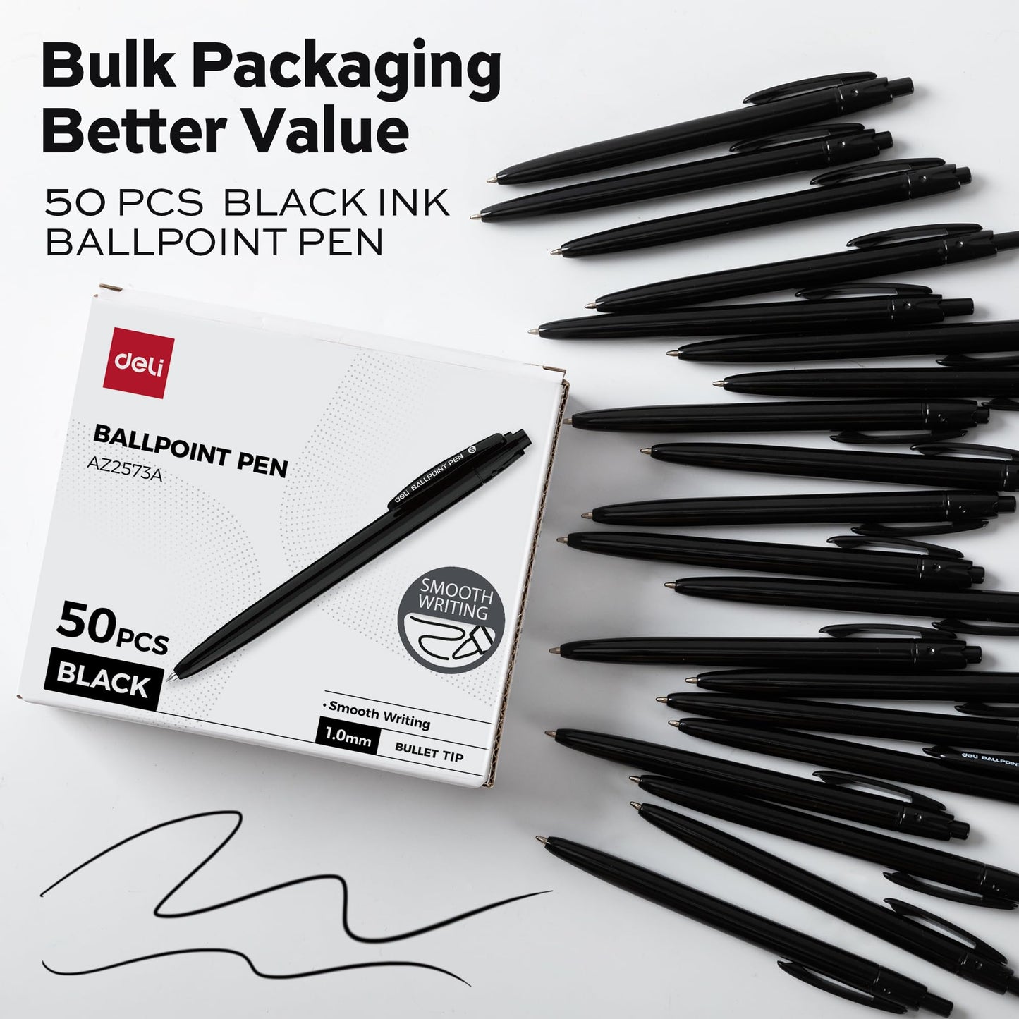 deli Pens Bulk, 50 Pack Retractable Ballpoint Pens, 1.0MM Black Ink,Smooth Writing, No Bleed, Comfortable Grip for Home,Office & School Use