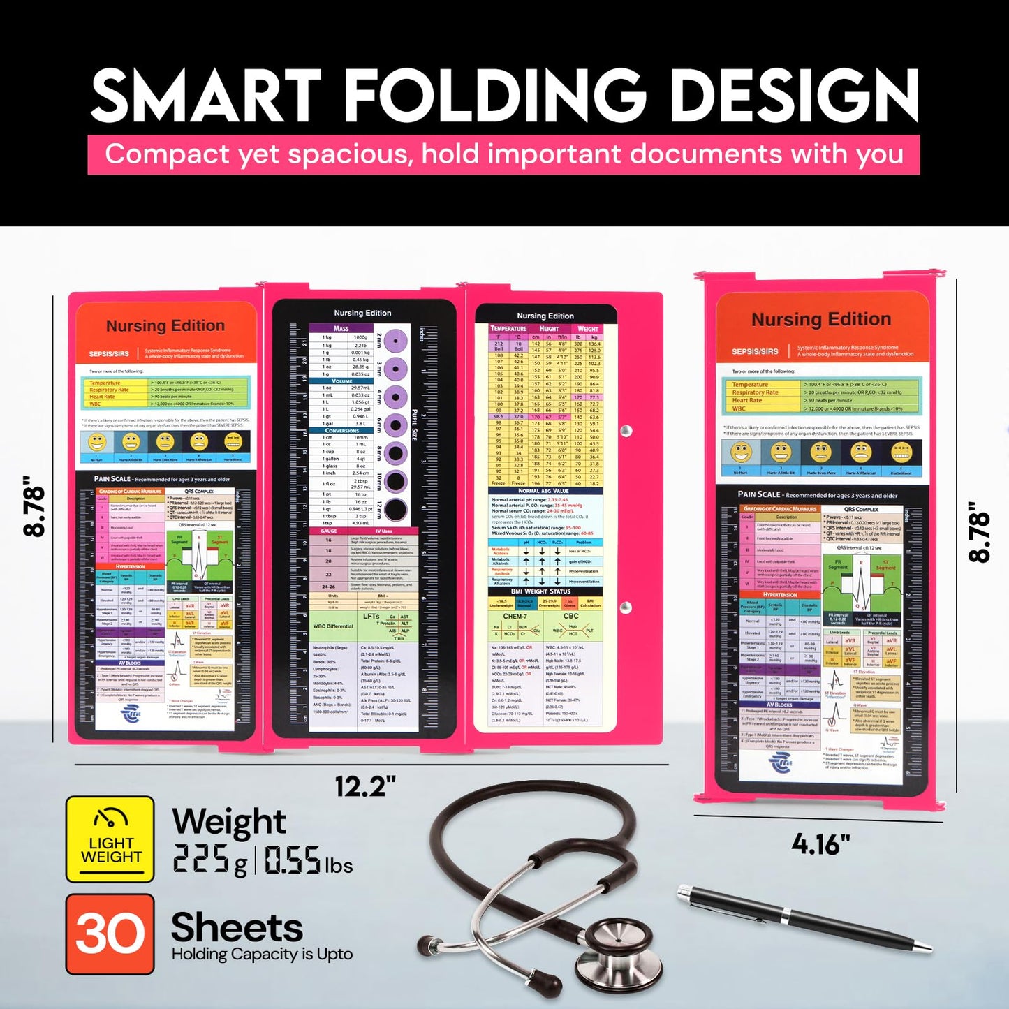 Nursing Clipboard Foldable with Medical Edition Cheat Sheets, 3 Layers Aluminum Foldable Clipboard for Nursing, Notepad for Students, Nursing School Essentials (Pink)