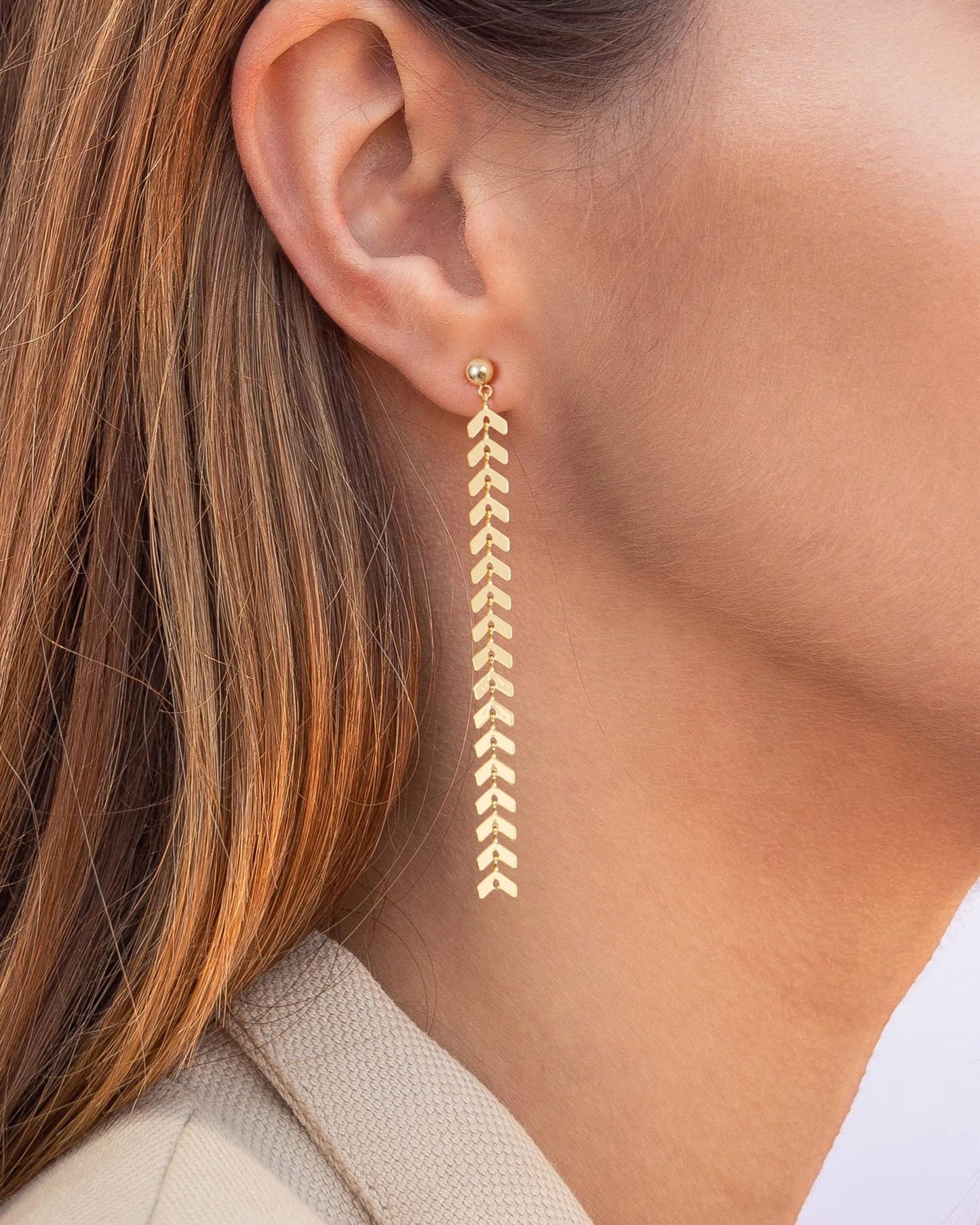 PRTGL Dangle Earrings - 14K Gold Plated Fishbone Wheat Design Long Dangle Earrings for Women