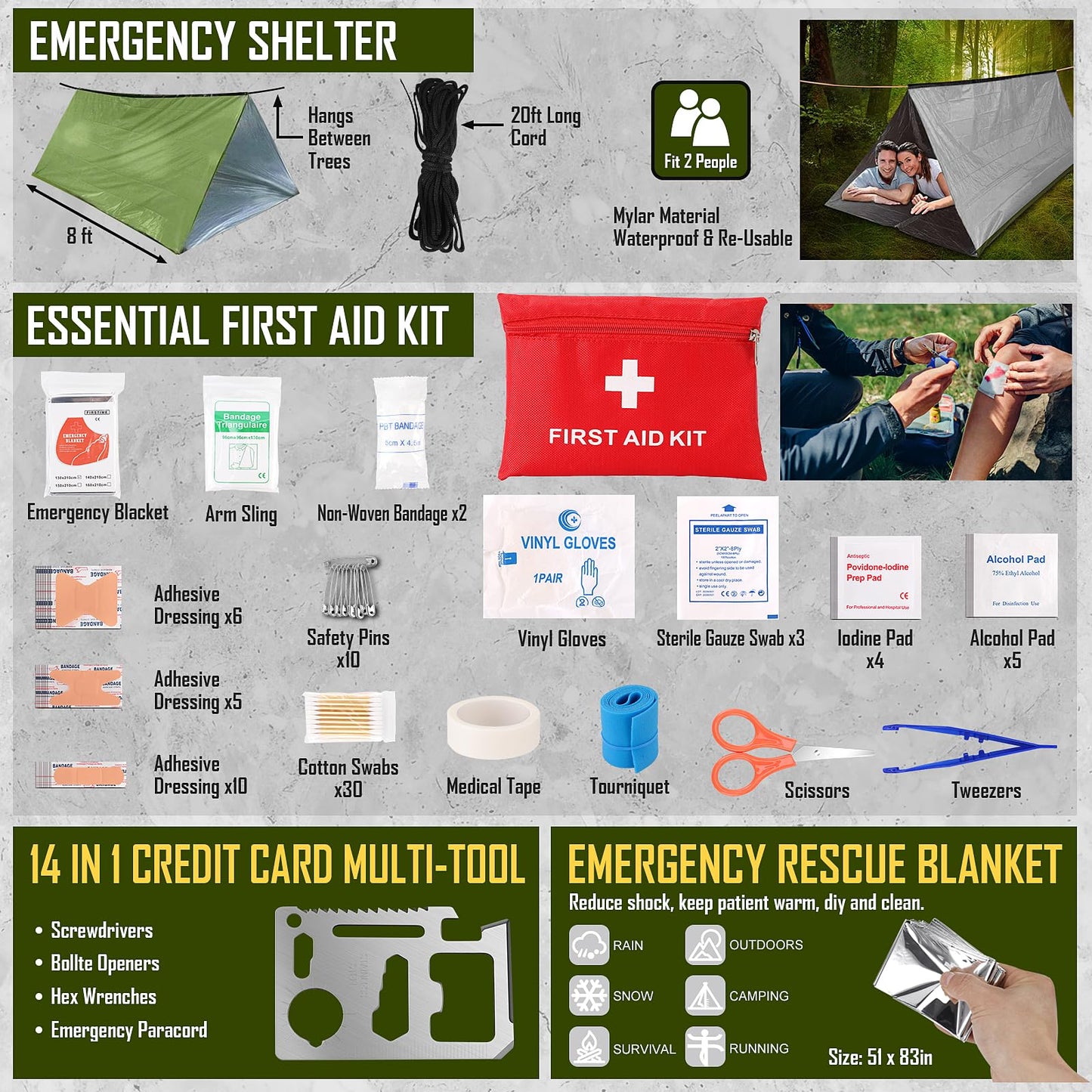 Survival Kit, 268 Pcs Emergency Survival Gear and Equipment Supplies with First Aid Kit, Camping Axe, Headlamp, Crossbody Bag for Camping Hiking, Hunting, Gift for Christmas Men, Dads, Black