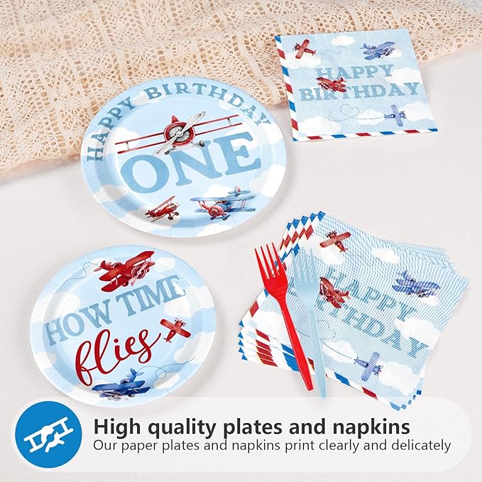 96Pcs Airplane 1st Birthday Decorations for Boys Red & Blue Airplane First Birthday Plates and Napkins Sets How Time Flies Party Decorations for Girls Baby Shower One Years Old Supplies Serve 24