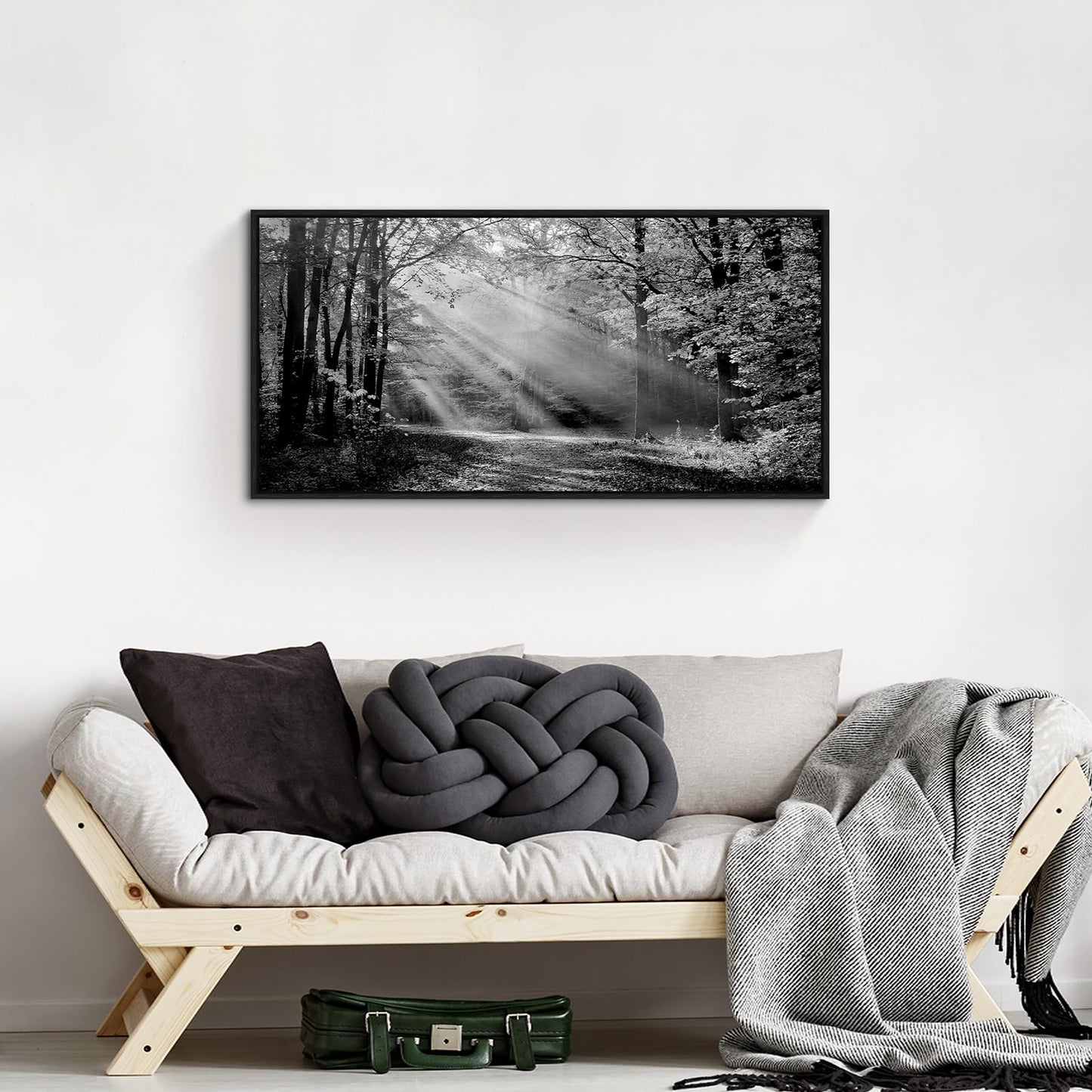 Black White Forest Wall Art - Sunset Landscape Framed Canvas Picture Woodland Painting Nature Tree Scenery Artwork Prints for Bedroom Living Room
