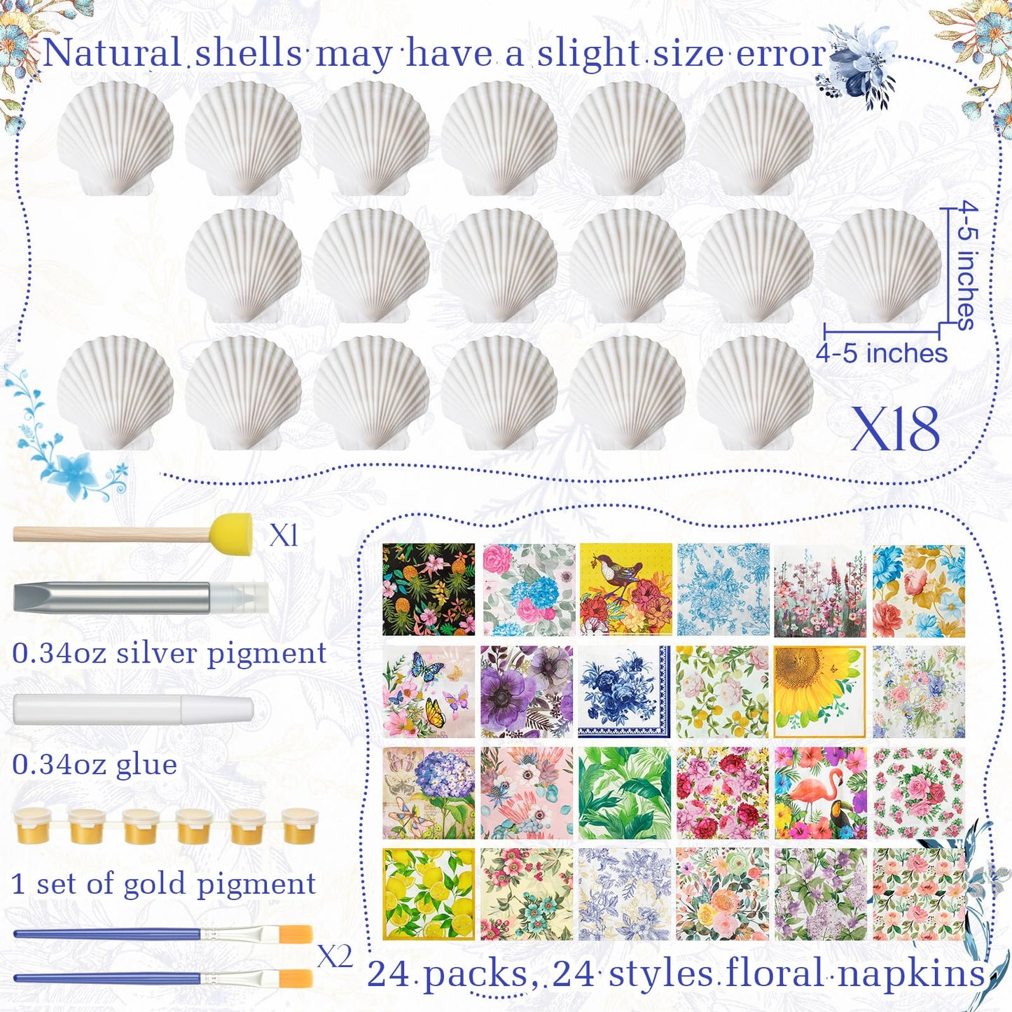 Crtiin 48 Pcs Decoupage Kits, 18 Pcs 4'' White Scallop Shells, 24 x Assorted Decoupage Paper Napkins with Glue Paint Strips Pigments and Paint Brushes for Home Decor Ornaments DIY Arts Crafts (Flower)