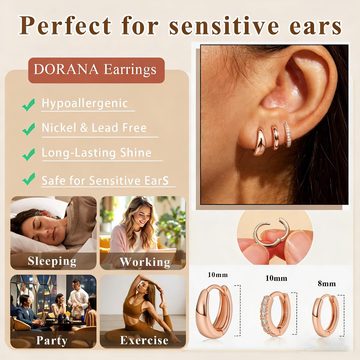 DORANA Rose Gold Earrings for Women Non Tarnish Small Huggie Earrings 925 Hypoallergenic Cartilage Stackable Sleeper Hoops Rose Gold Stacks Sets for Multiple Piercing,3 Pairs