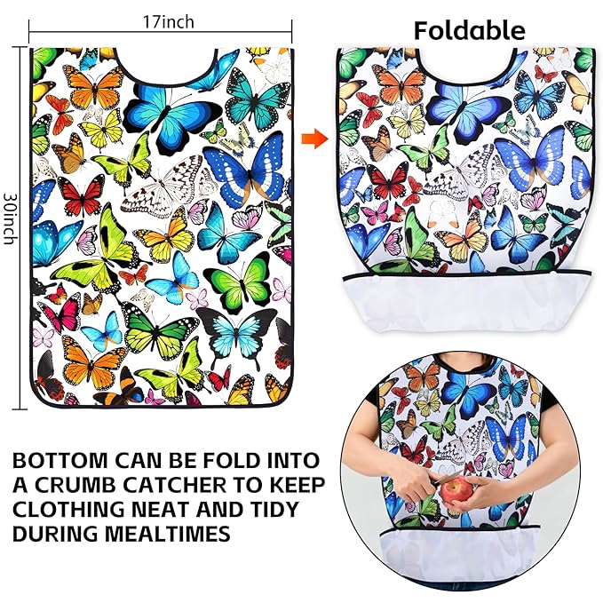 XKDOUS 2 Pack Adult Bibs for Man and Women, Waterproof and Reusable Adult Bibs for Eating with Optional Crumb Catcher, Machine Washable Dining Clothing Protector, Gifts for Women/Mom