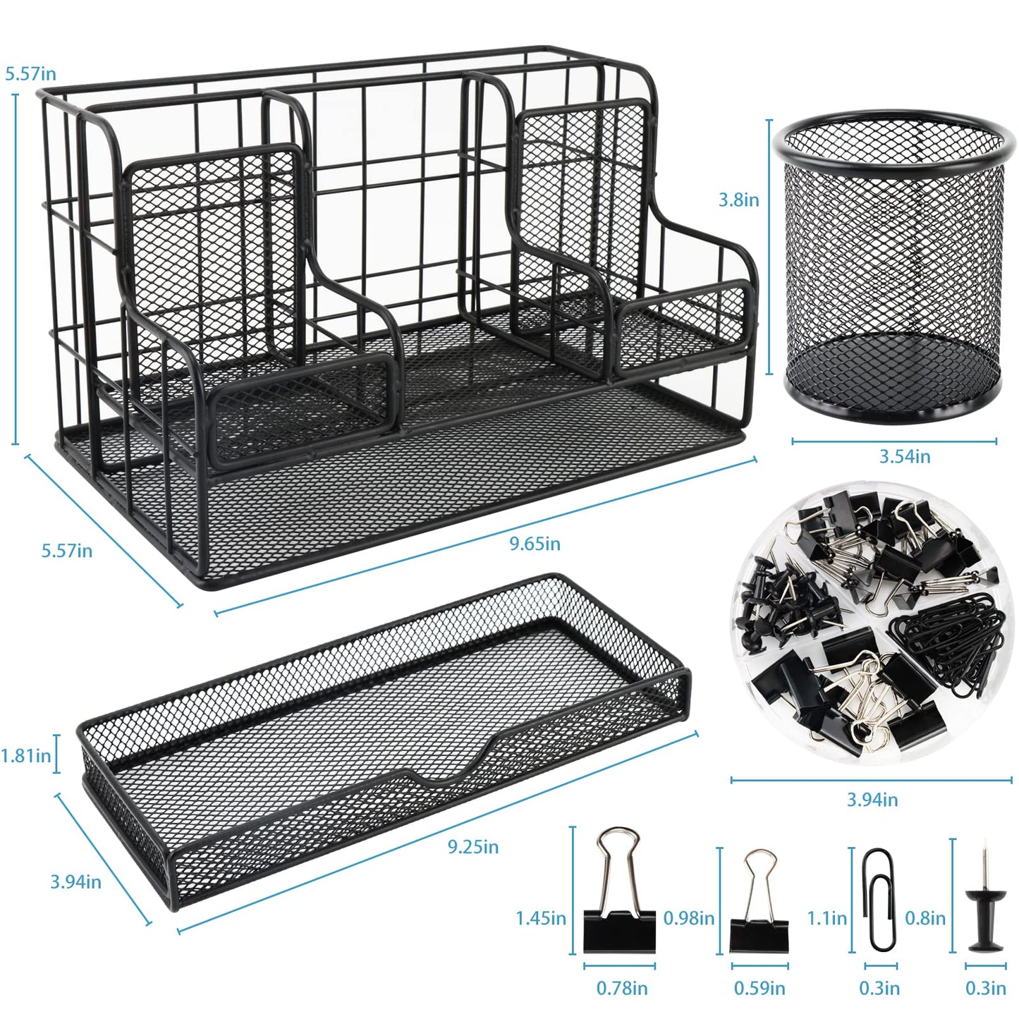 BCCICE Desk Organizers Caddy and Accessories with 7 Compartments + Pen Holder / 72 Clips Set, Drawer, Black Mesh Office Supplies Desktop Organizer for Home, Office Ect