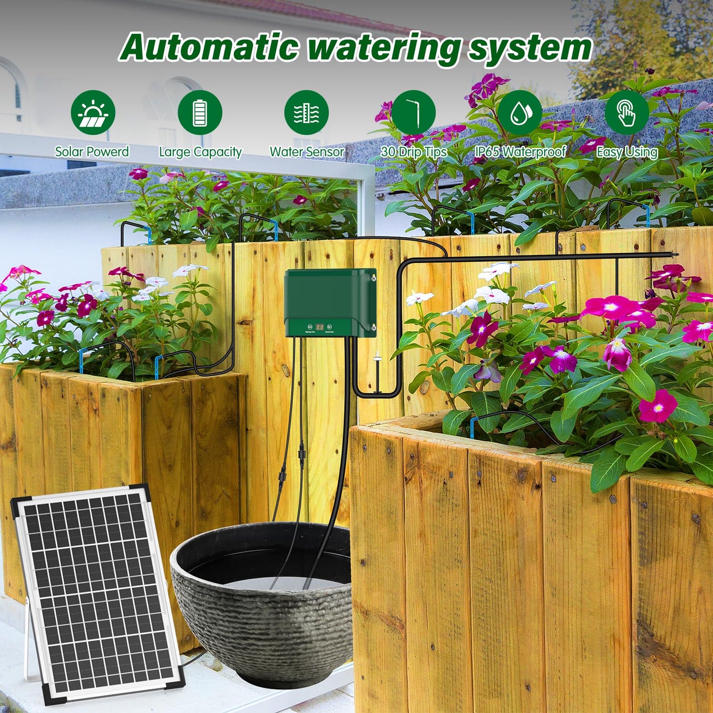 AnseTo Solar Irrigation System 10W for Automatic Plants Watering, Summer Garden Drip Irrigation Kit for Solar Garden Drip Irrigation System,Supported Irrigation System Kit for Plant Bed,Green House