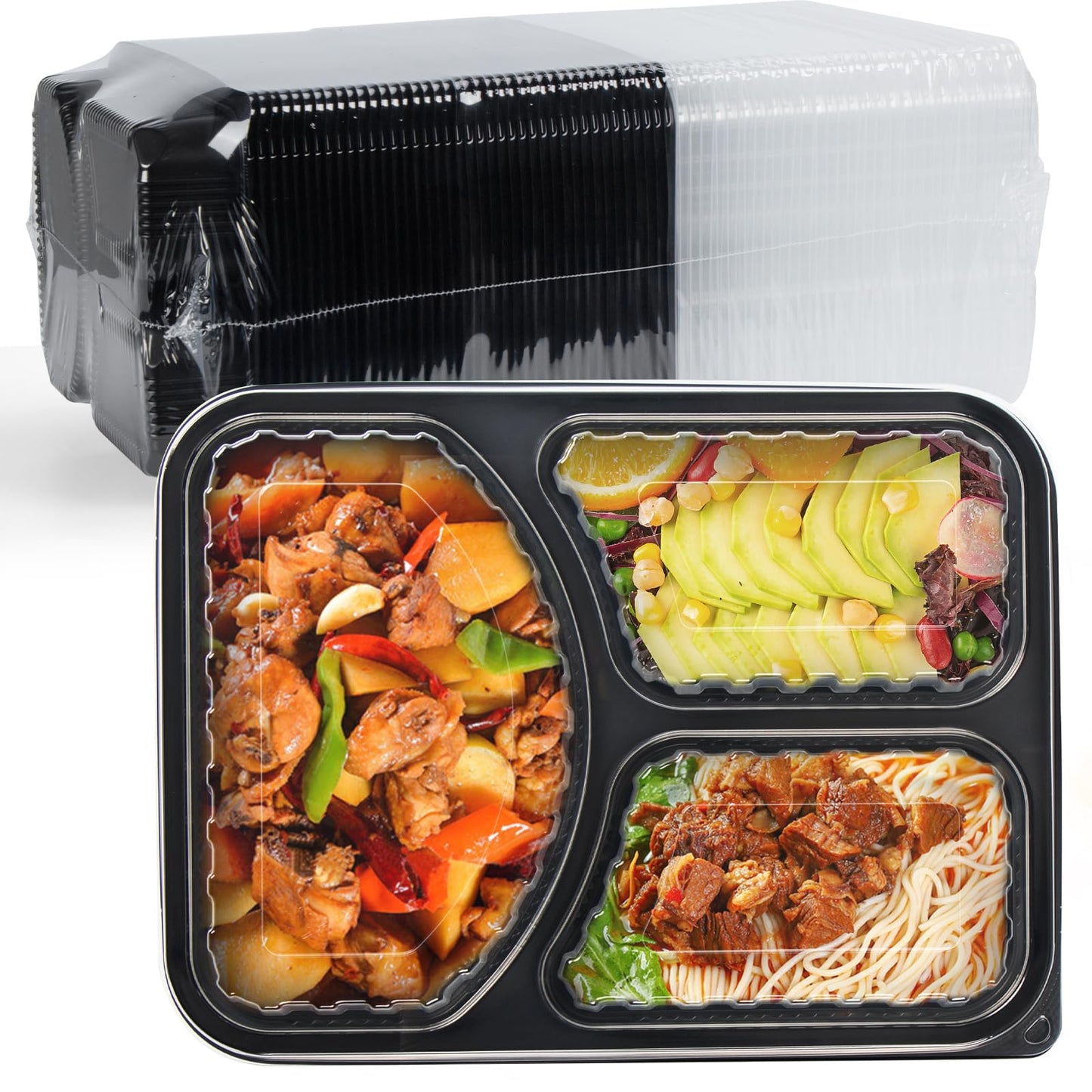 EKOSAVOR Take Out Containers 38 oz 40 Pack - Shrink Wrapped 3 Compartment Leakproof Catering | BPA Free PP Plastic Microwave & Freezer Safe | Flexible Reusable Commercial Black Lunch Boxes with Lid