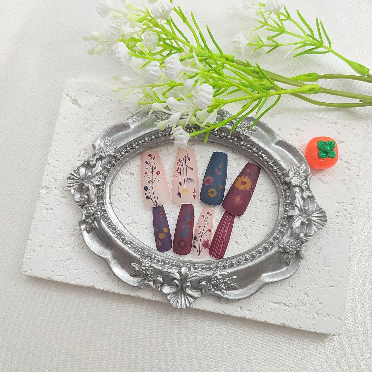 Press On Nails Medium Coffin Fake Nails with Floral Designs Blue Nails Matte Glue on Nails 24Pcs