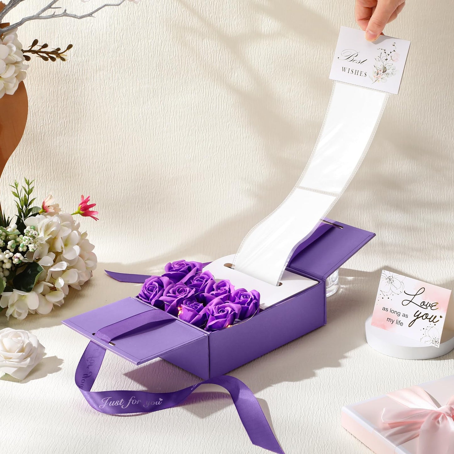Resholder Money Pull Box for Cash Gift Mother's Day Money Pull out Gifts with 8 Rose 2 Greeting Card 1 Light String for Mom Husband Wife Birthday Anniversary Christmas(Purple)